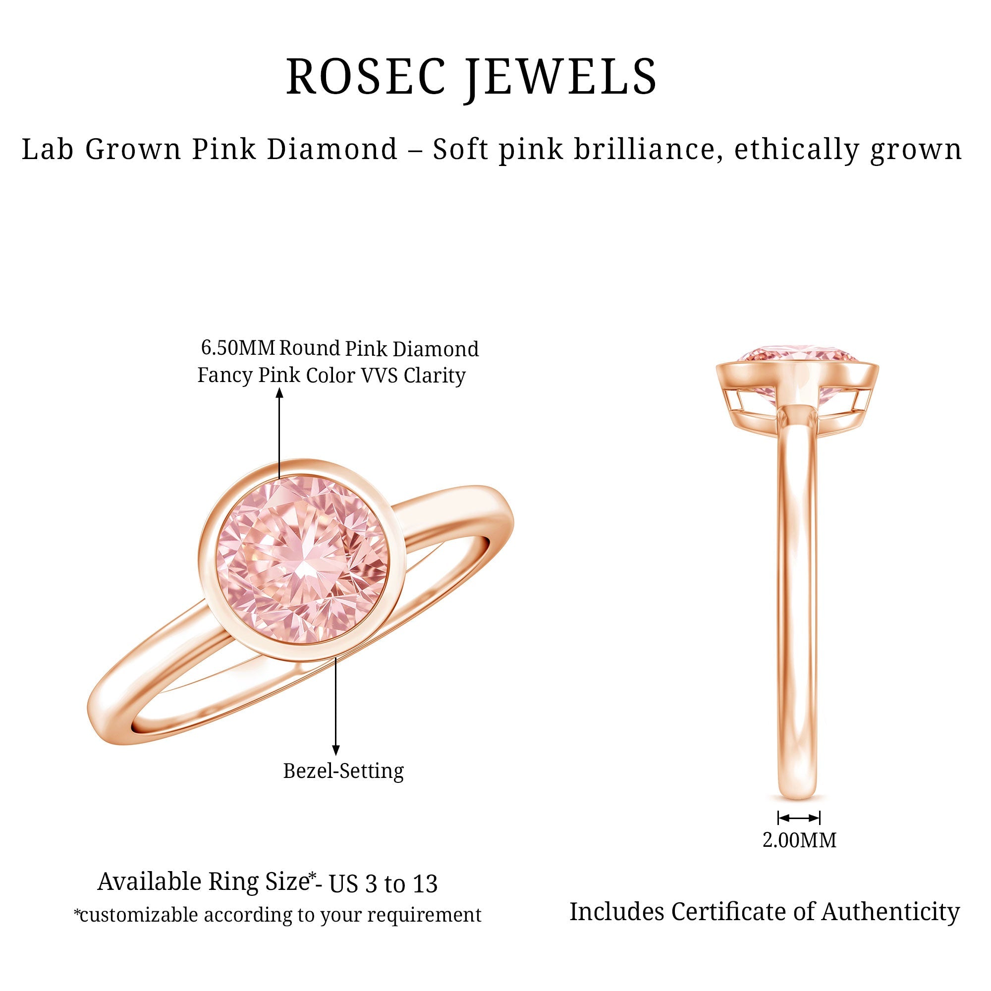 1 CT Lab Grown Pink Diamond Bezel Set Engagement Ring with IGI Certificate