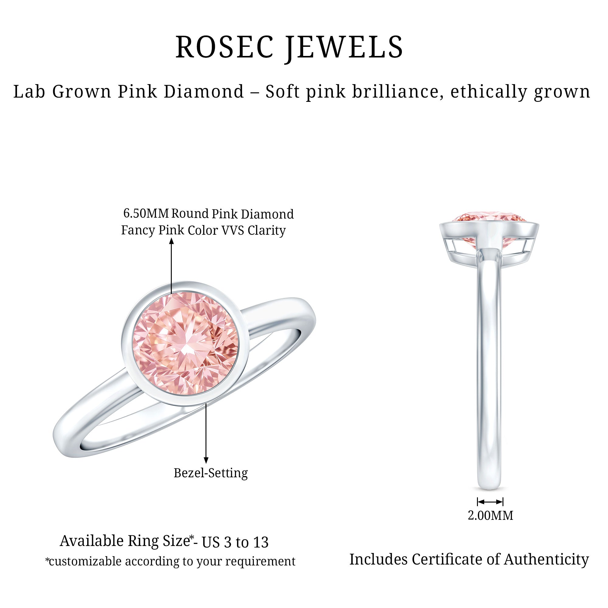 1 CT Lab Grown Pink Diamond Bezel Set Engagement Ring with IGI Certificate