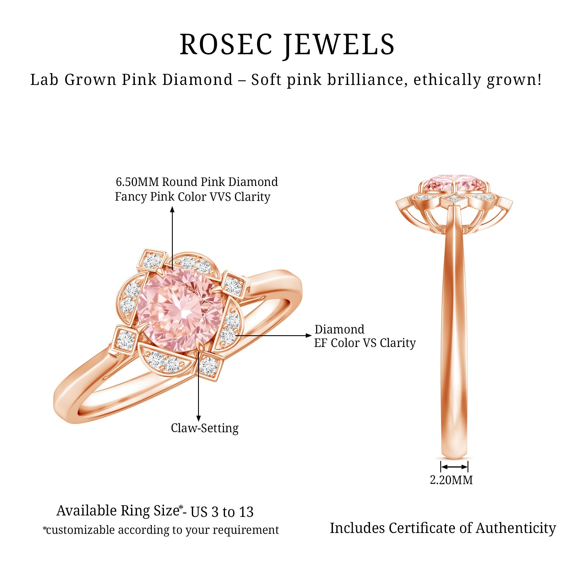 Vintage Inspired Lab Grown Pink Diamond Engagement Ring with IGI Certificate