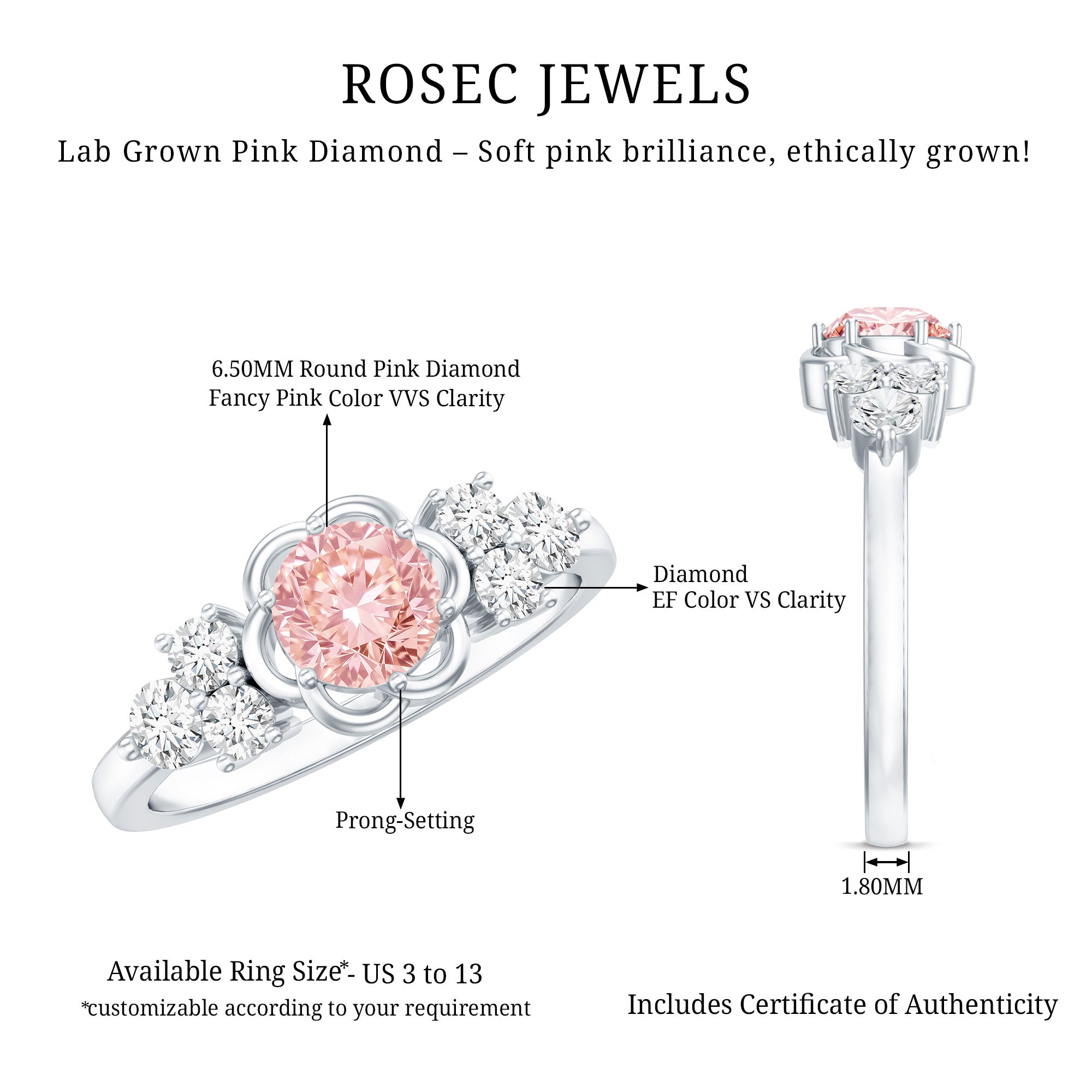 Nature Inspired Lab Grown Pink Diamond Flower Engagement Ring with IGI Certificate