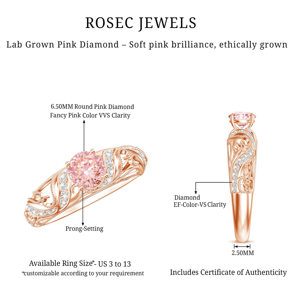 Lab Grown Pink Diamond Vintage Inspired Engagement Ring IGI Certified