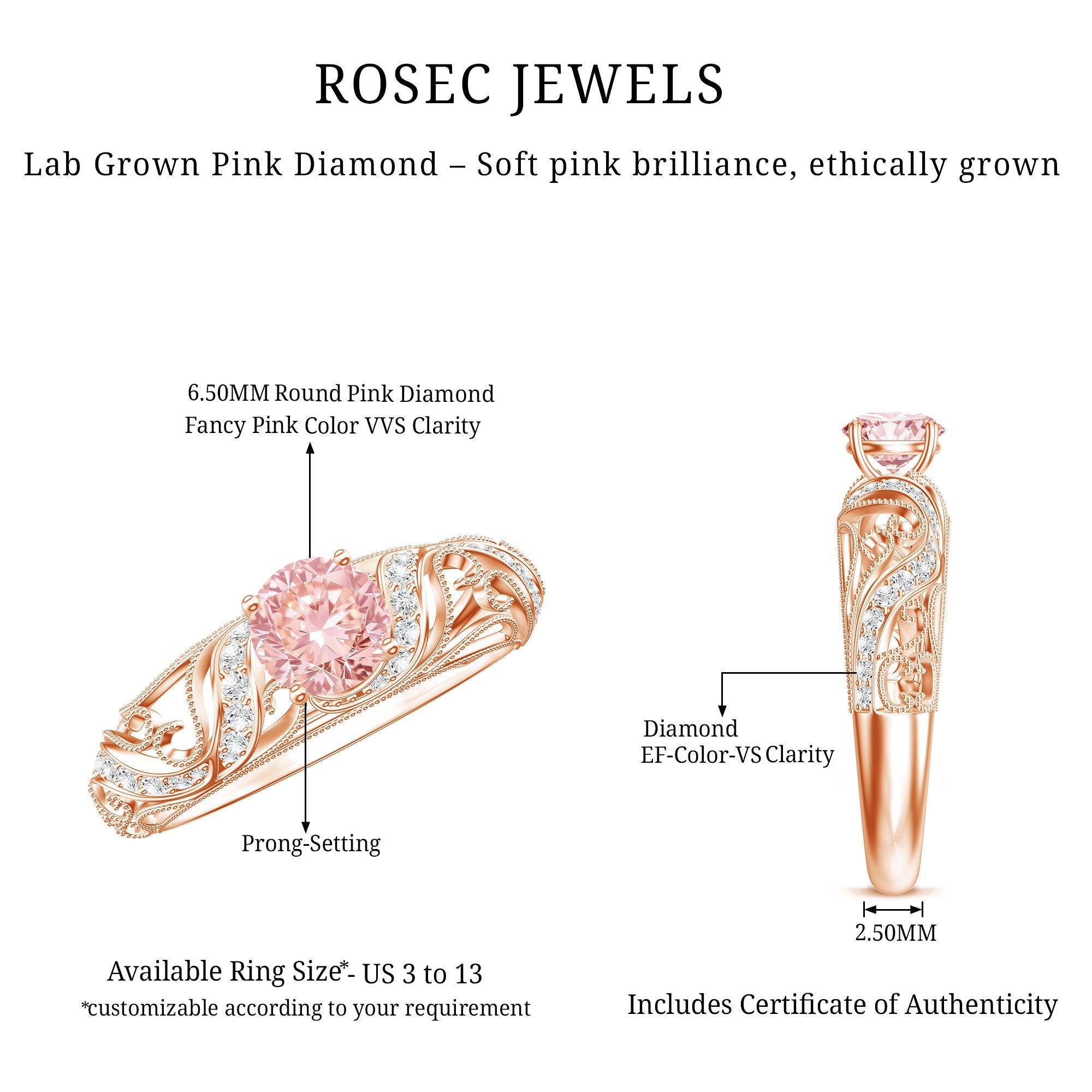 Lab Grown Pink Diamond Vintage Inspired Engagement Ring IGI Certified