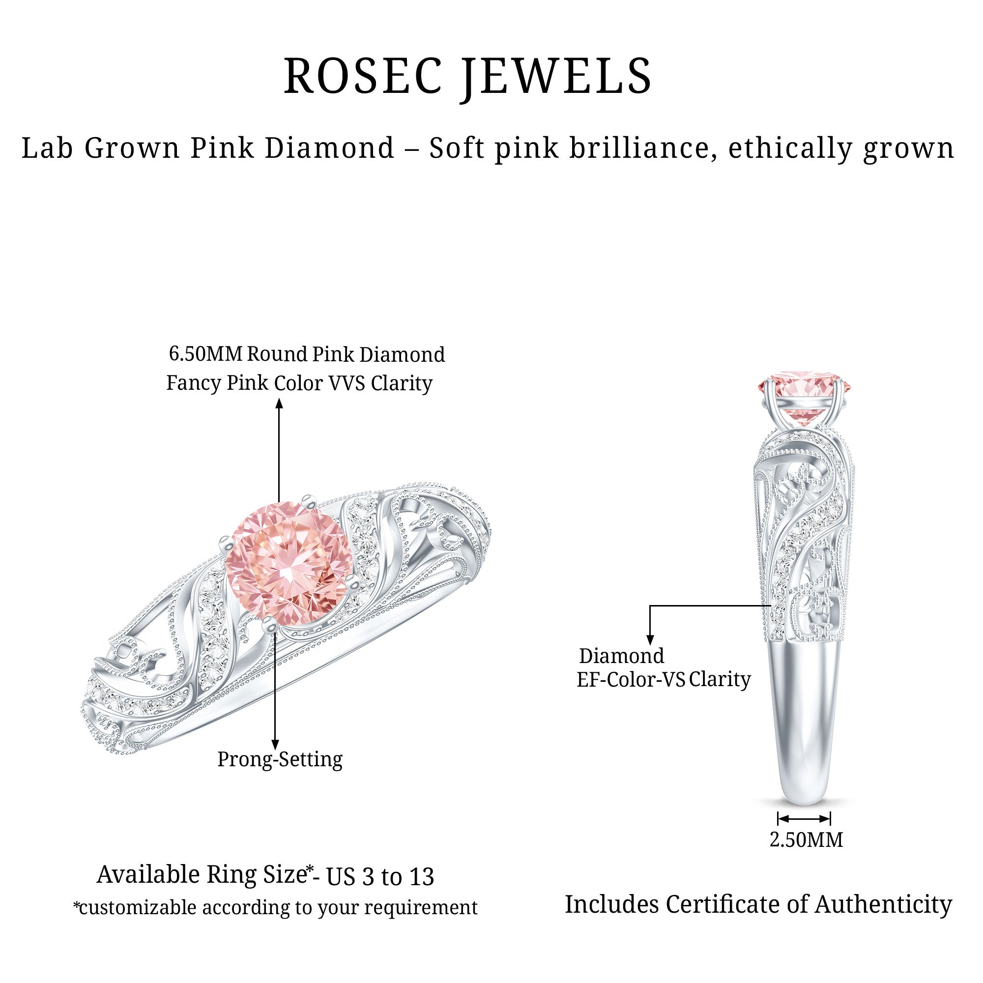 Lab Grown Pink Diamond Vintage Inspired Engagement Ring IGI Certified