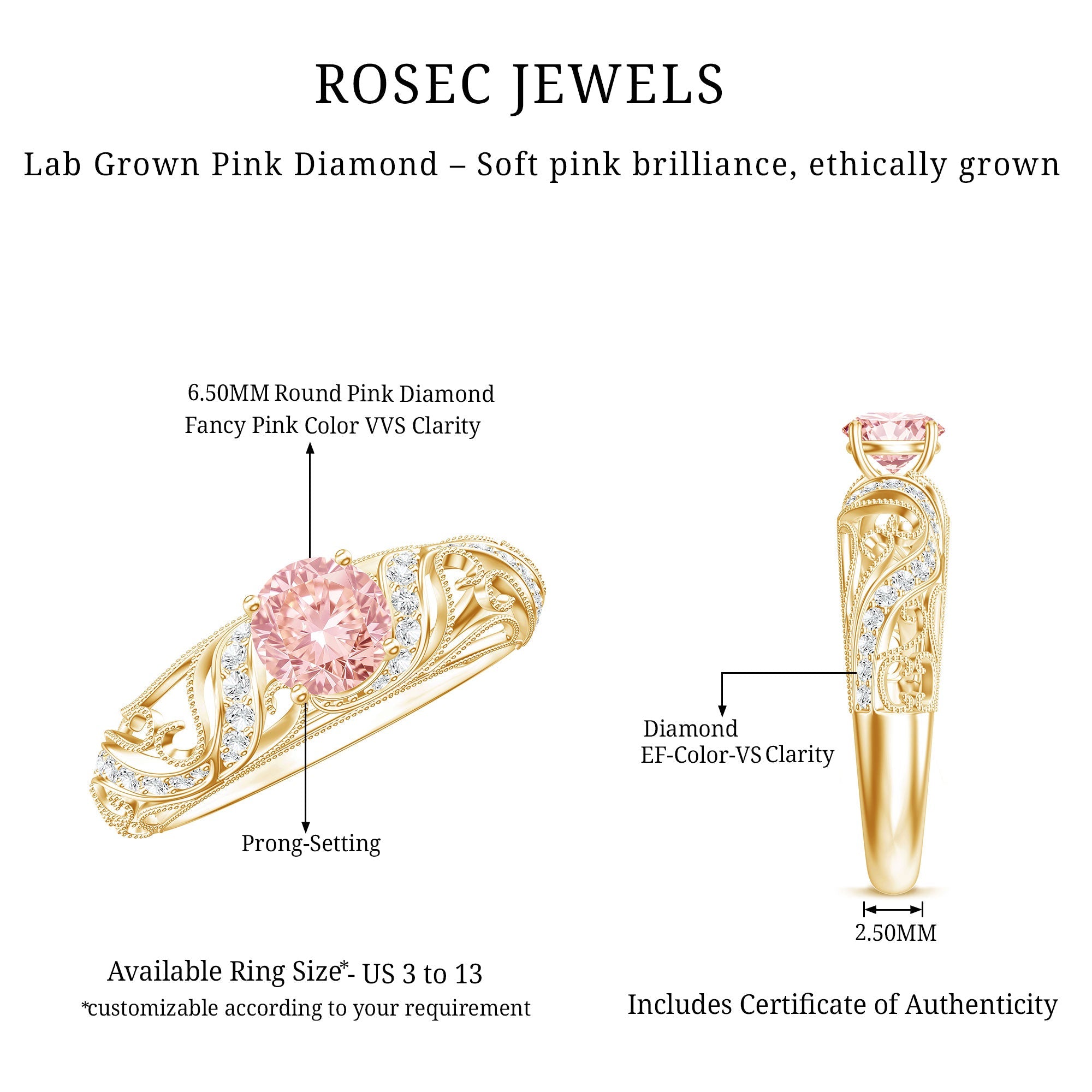 Lab Grown Pink Diamond Vintage Inspired Engagement Ring IGI Certified