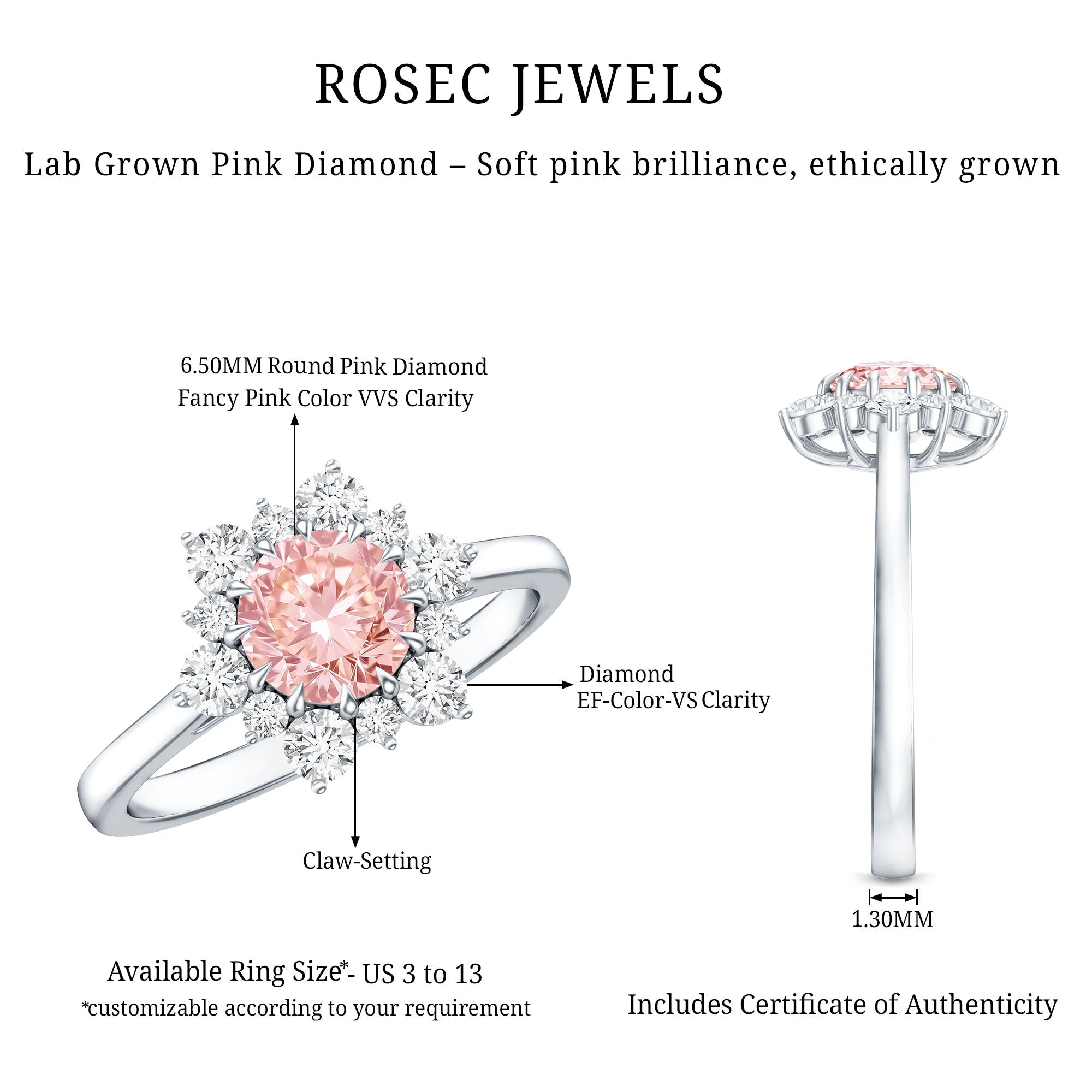 IGI Certified 1 CT Lab Grown Pink and White Diamond Halo Engagement Ring