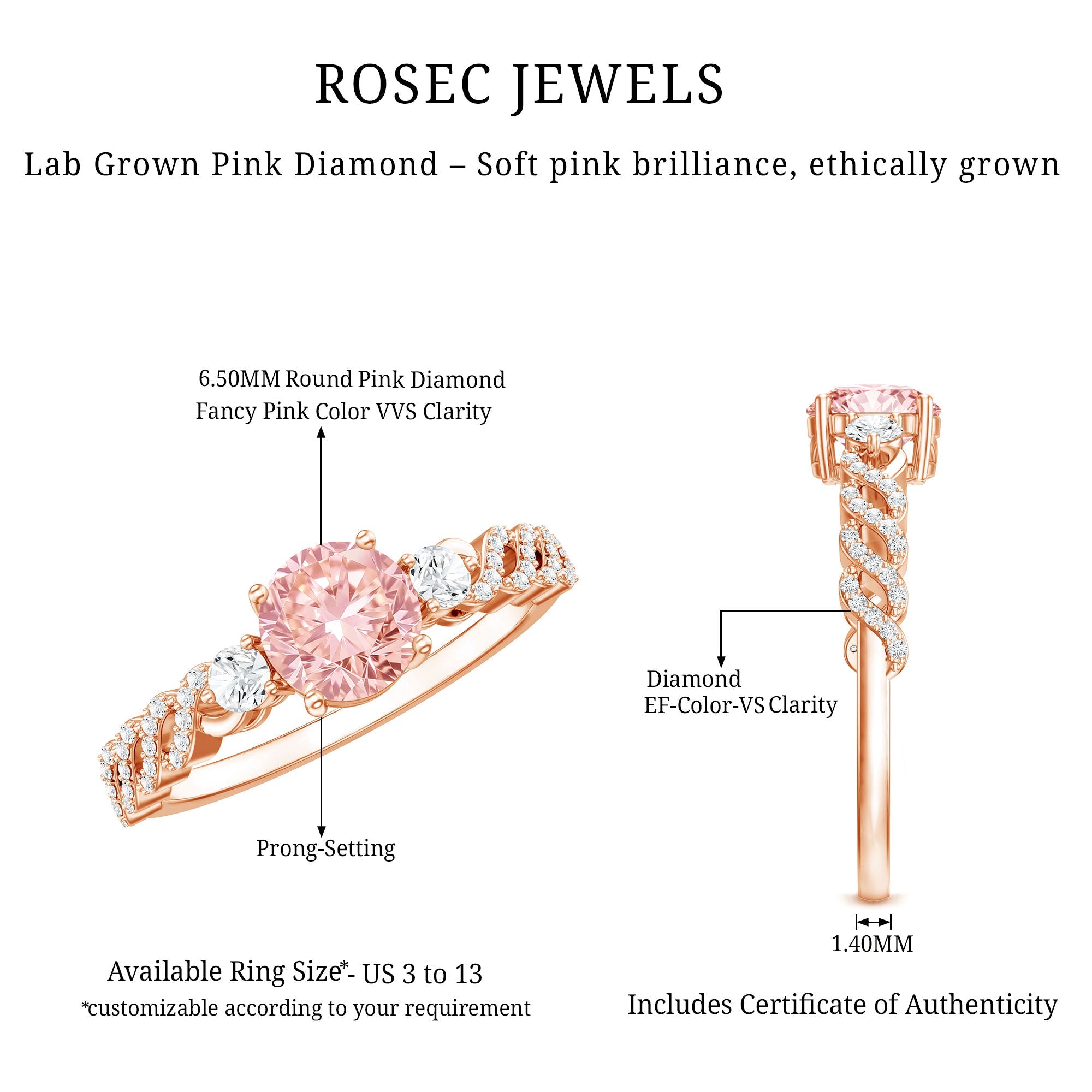 Lab Grown Fancy Pink Diamond Engagement Ring with IGI Certificate