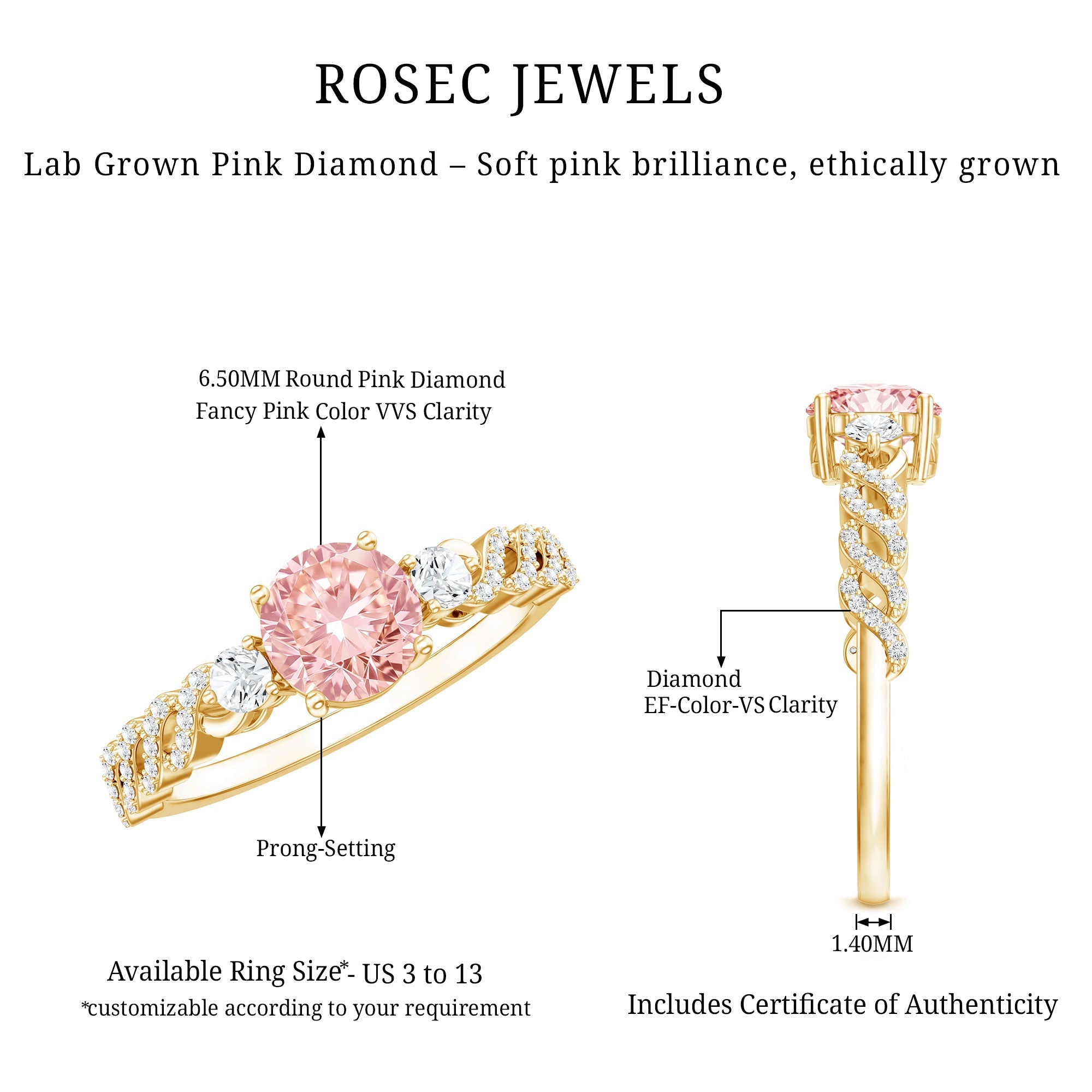 Lab Grown Fancy Pink Diamond Engagement Ring with IGI Certificate