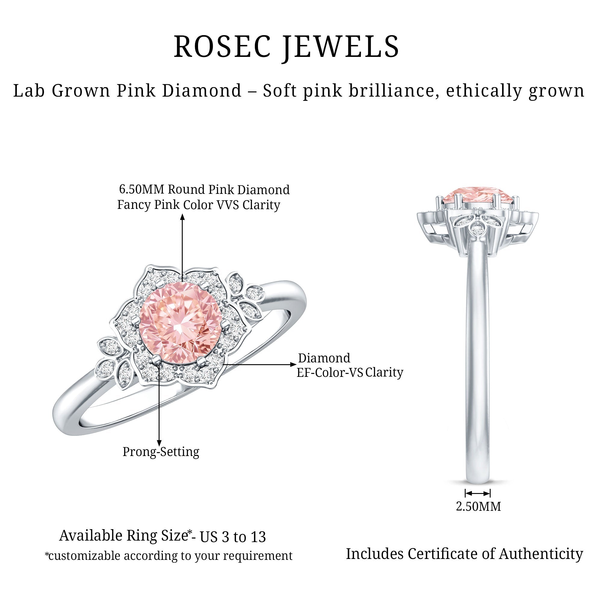Pink and White Lab Grown Diamond Designer Engagement Ring with IGI Certificate