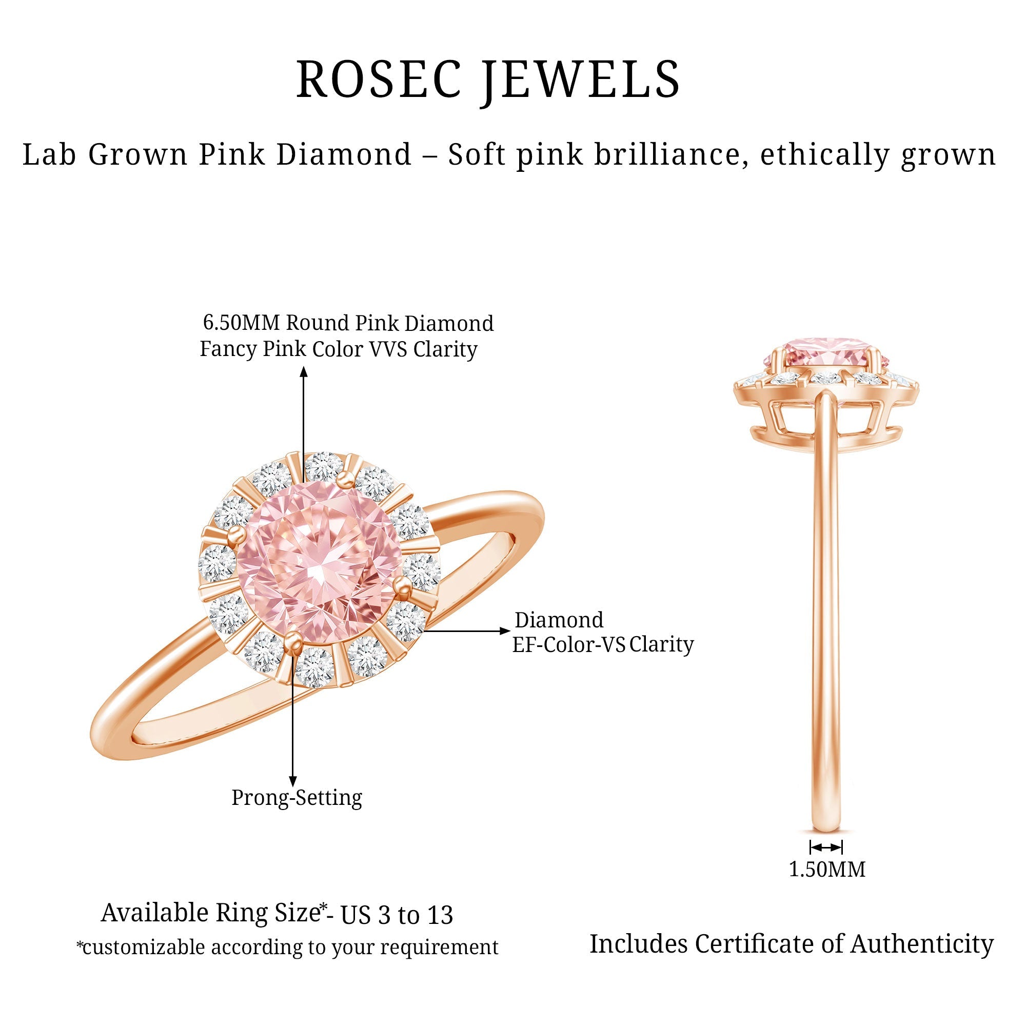Fancy Intense Pink Lab Grown Diamond Halo Engagement Ring with IGI Certificate