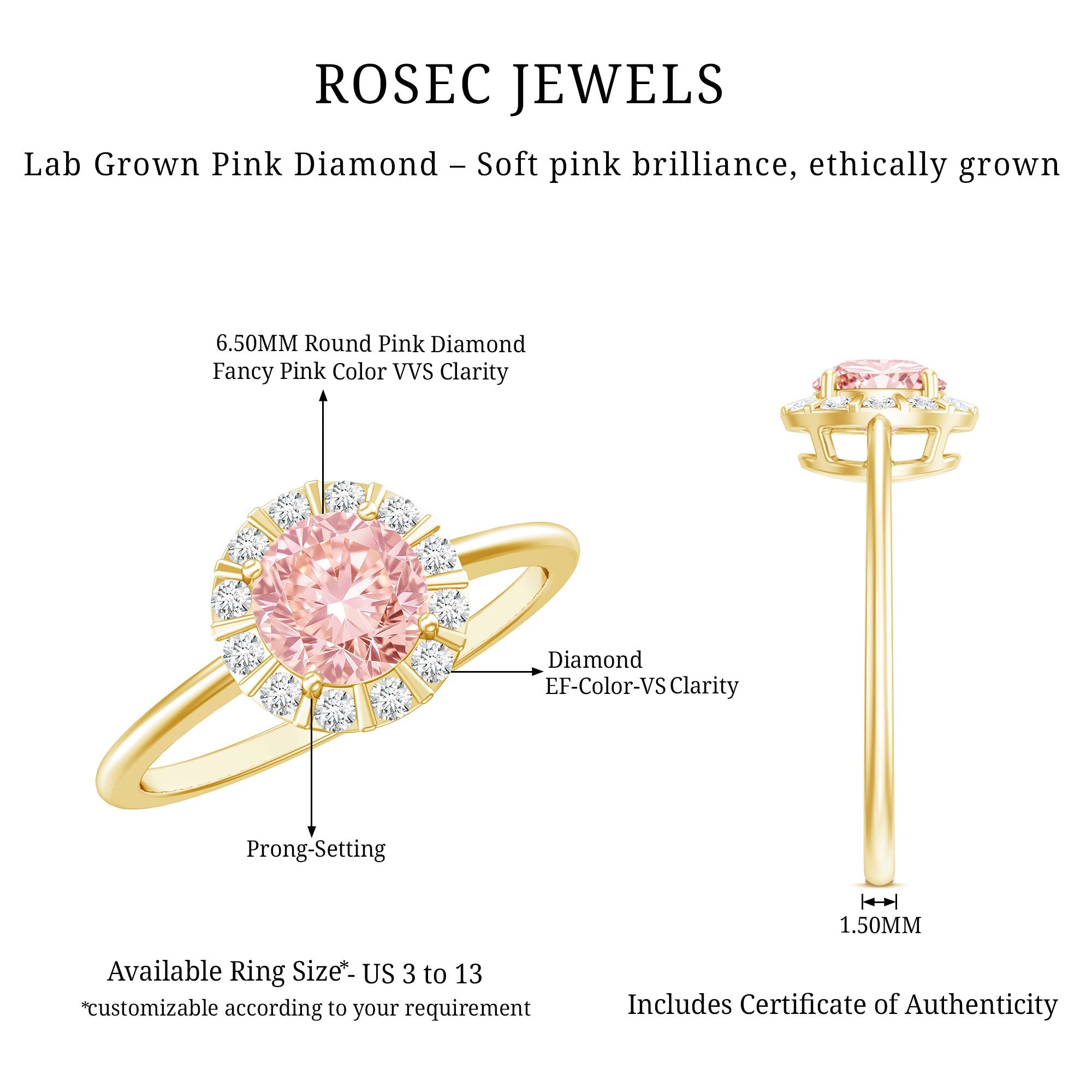 Fancy Intense Pink Lab Grown Diamond Halo Engagement Ring with IGI Certificate