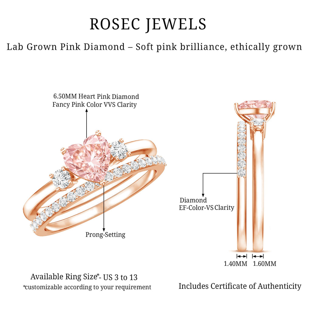 IGI Certified Lab Grown Pink Heart Engagement Ring With Diamond Wedding Band