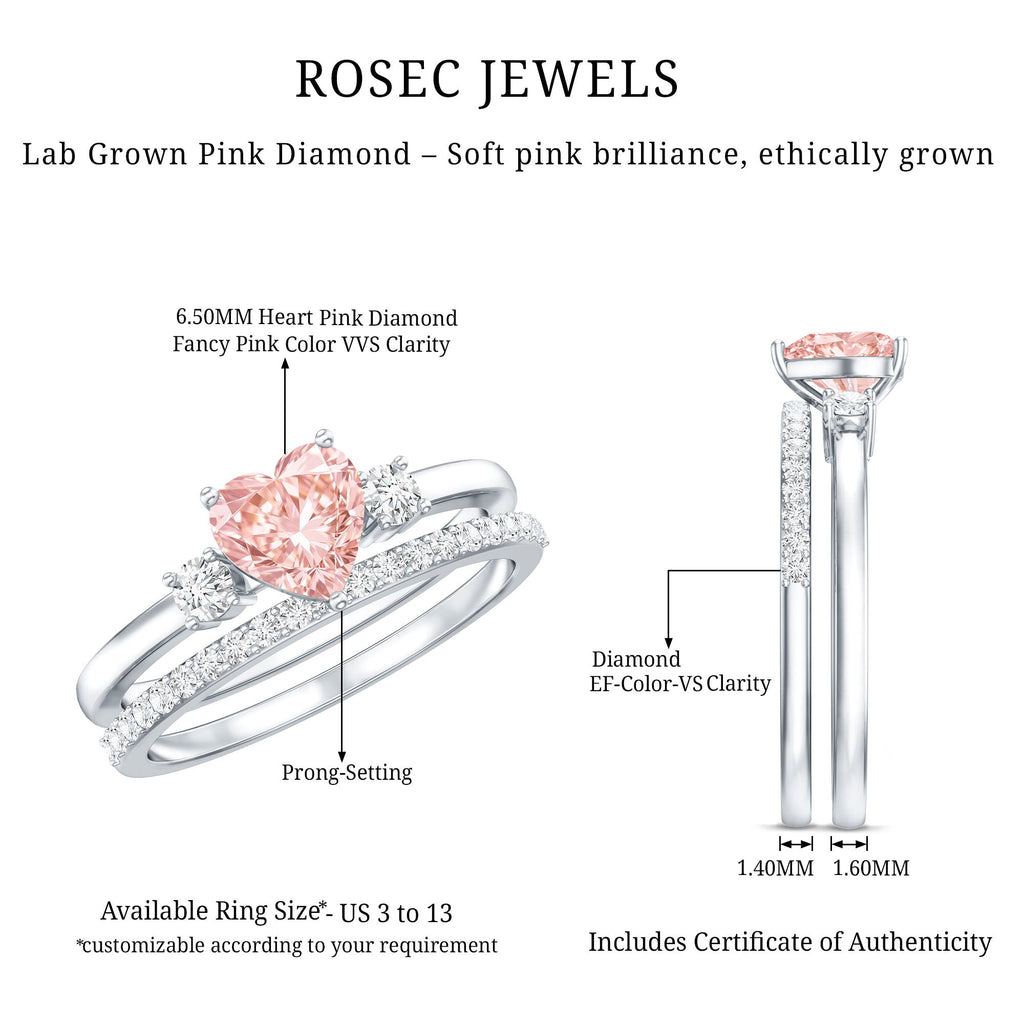 IGI Certified Lab Grown Pink Heart Engagement Ring With Diamond Wedding Band