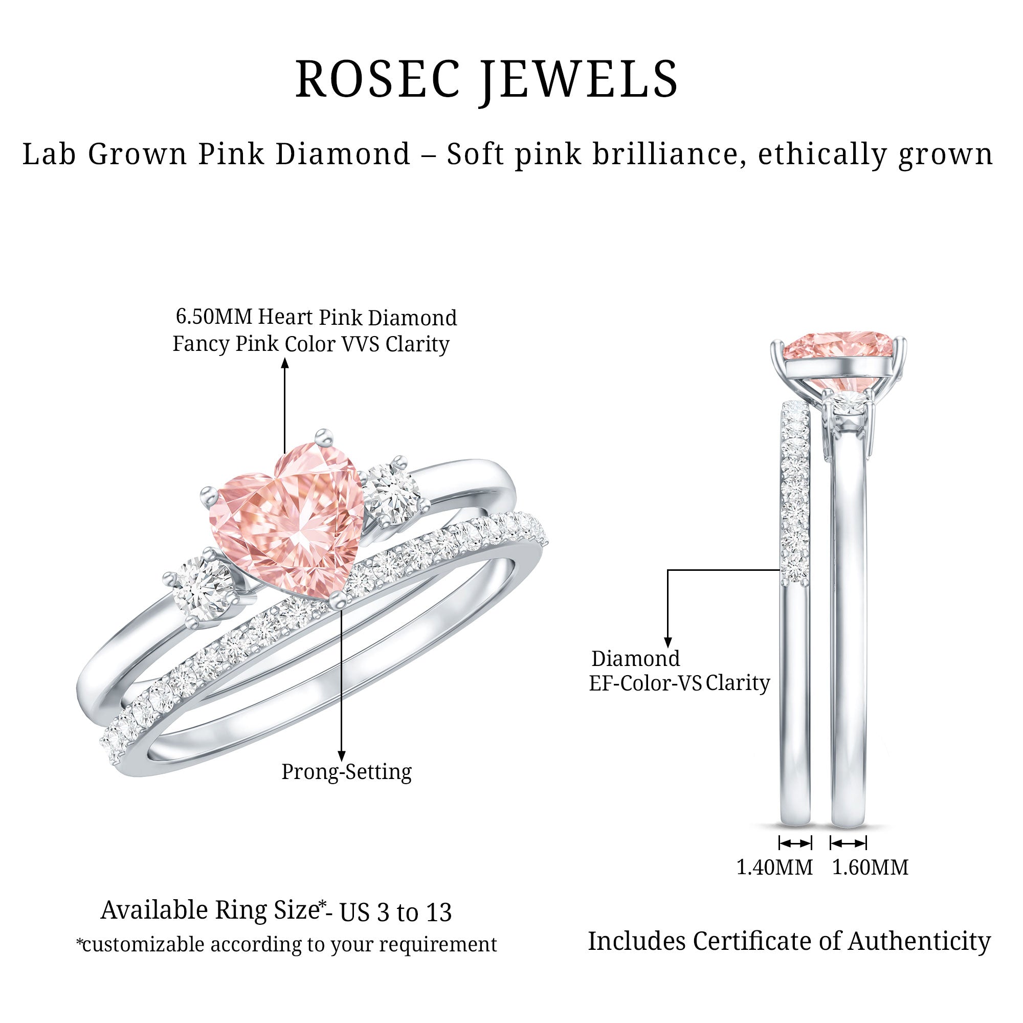 IGI Certified Lab Grown Pink Heart Engagement Ring With Diamond Wedding Band