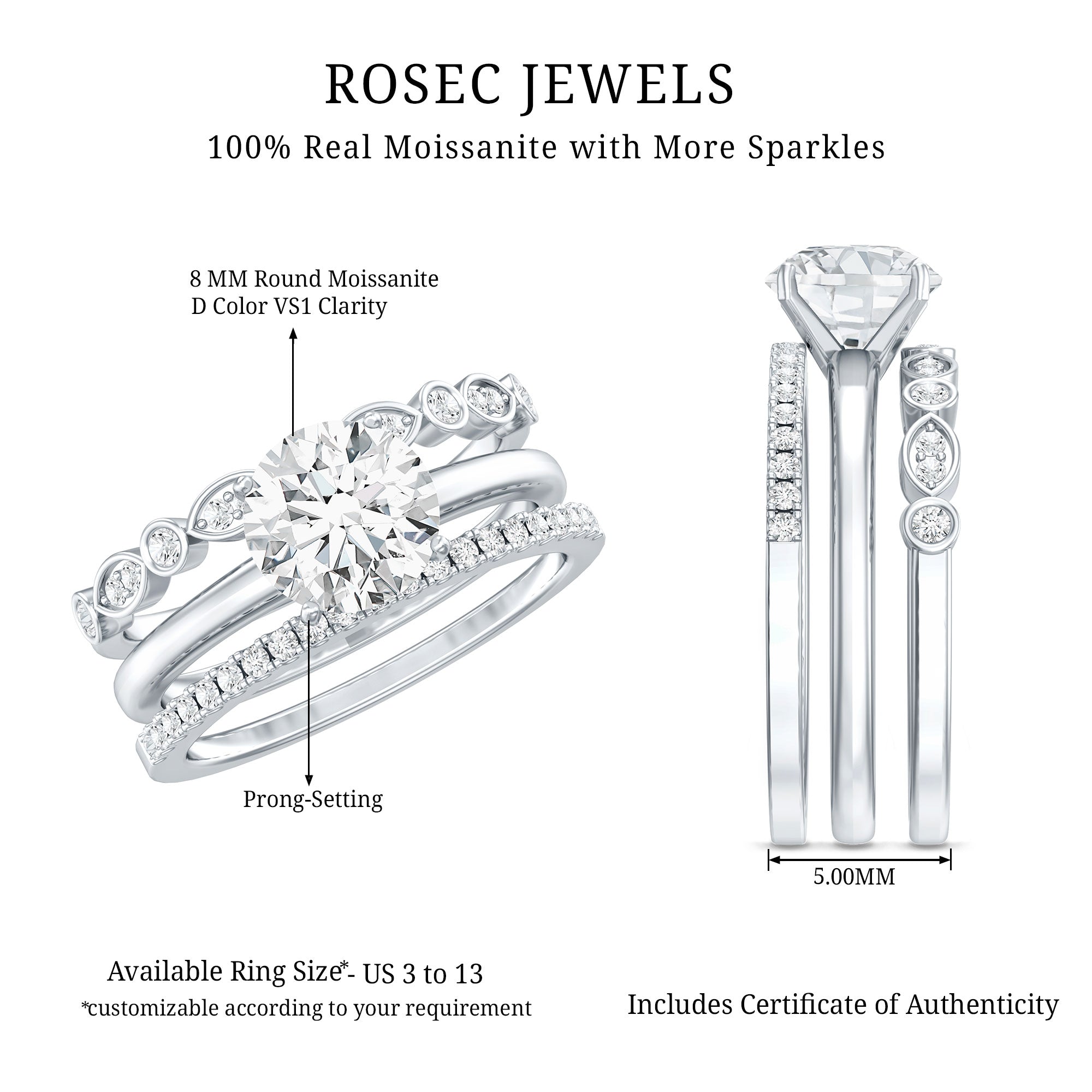Round shape Solitaire Moissanite Trio Wedding Ring Set