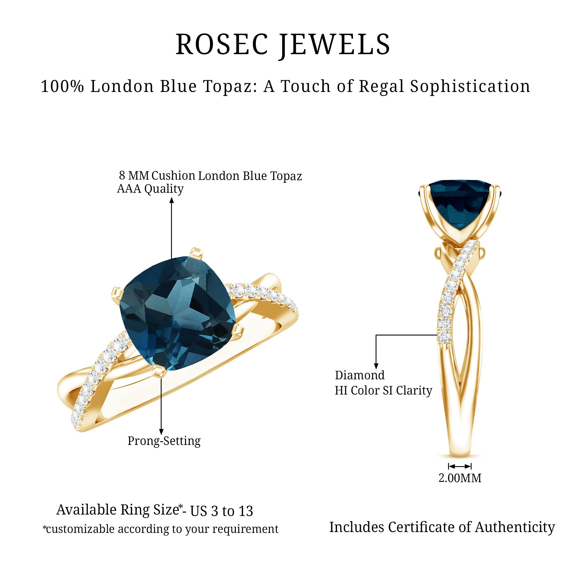 2.8 Carat Cushion Cut London Blue Topaz Solitaire Engagement Ring with Diamond Crossover Shank