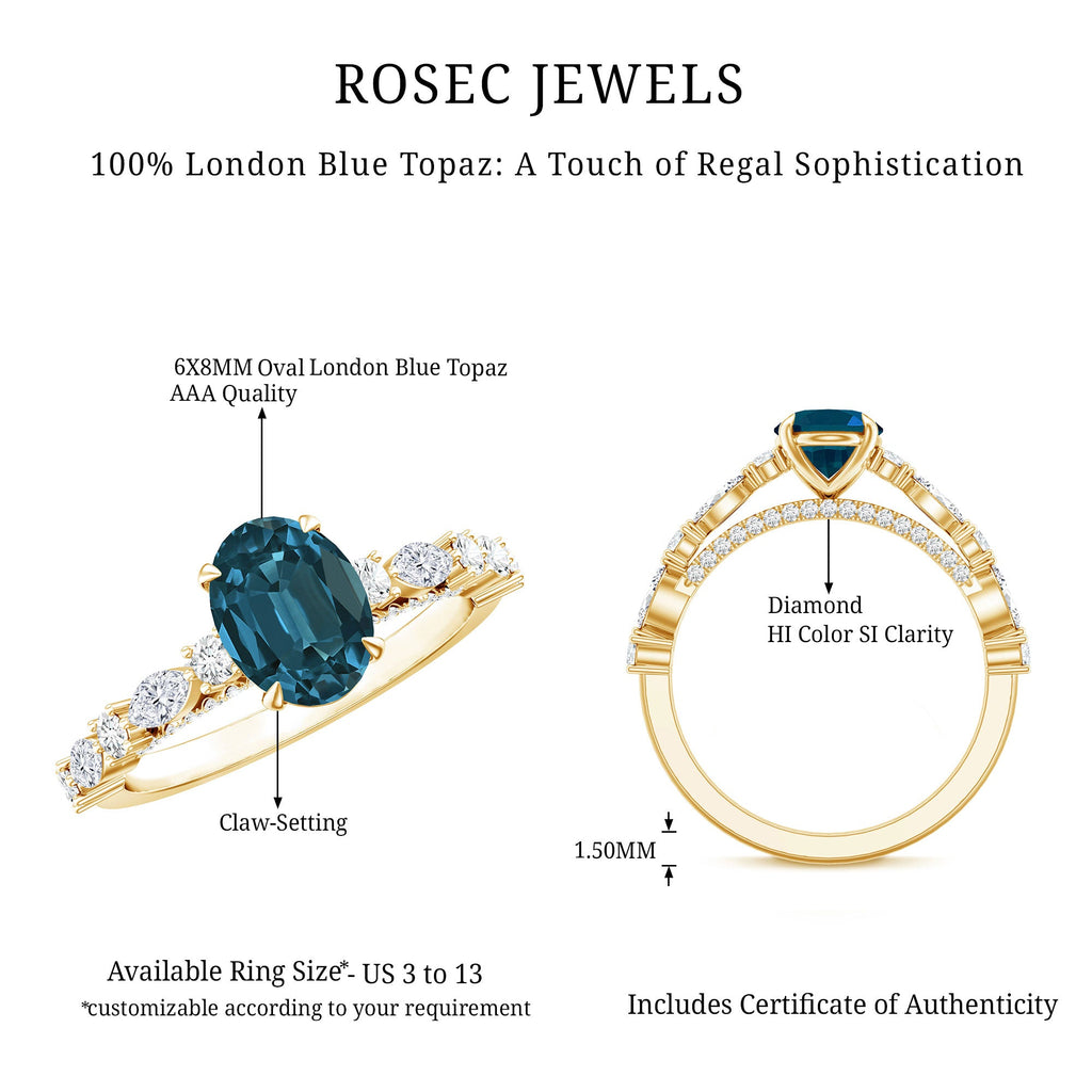 6X8mm Oval Cut London Blue Topaz Vintage Engagement Ring with Real Diamond