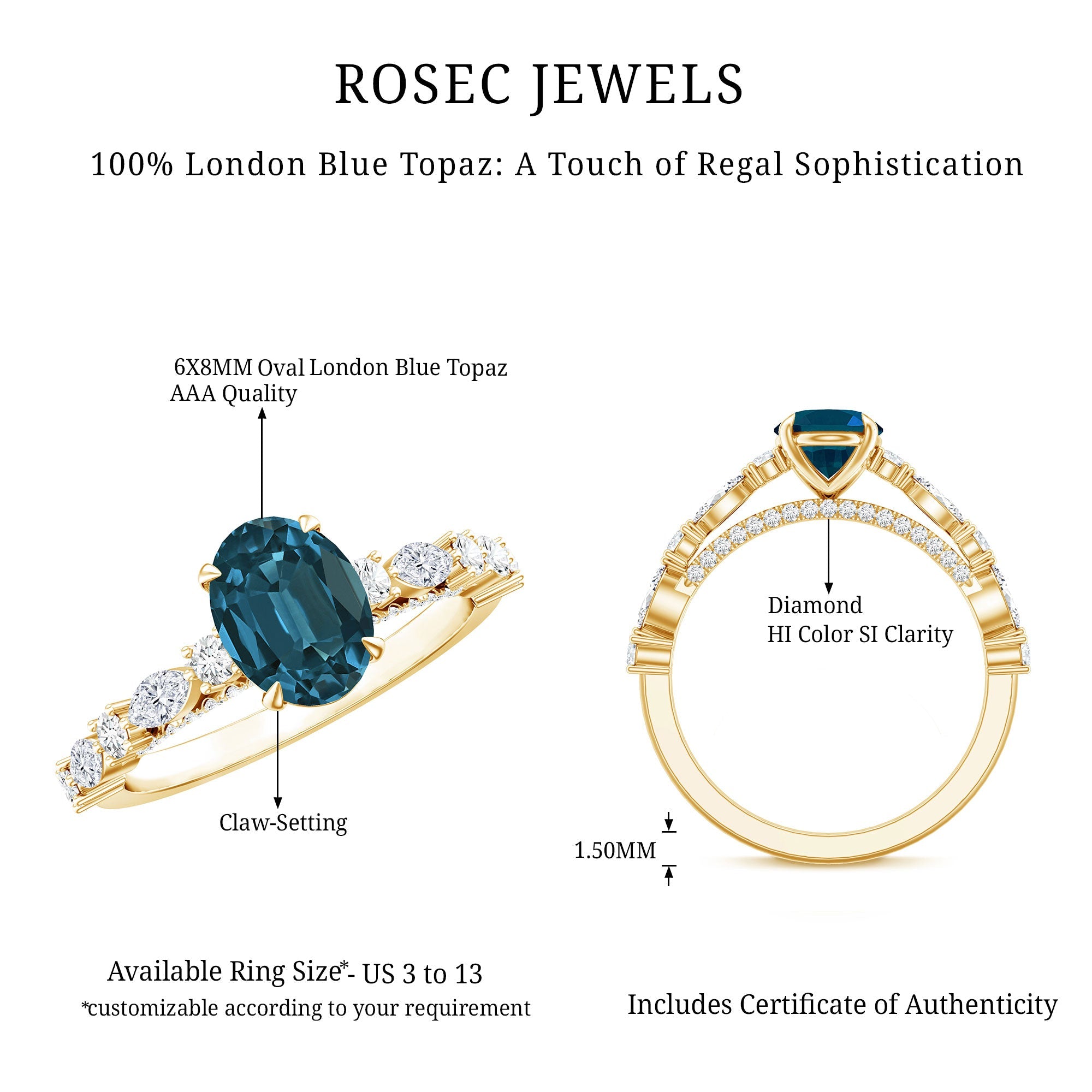 6X8mm Oval Cut London Blue Topaz Vintage Engagement Ring with Real Diamond