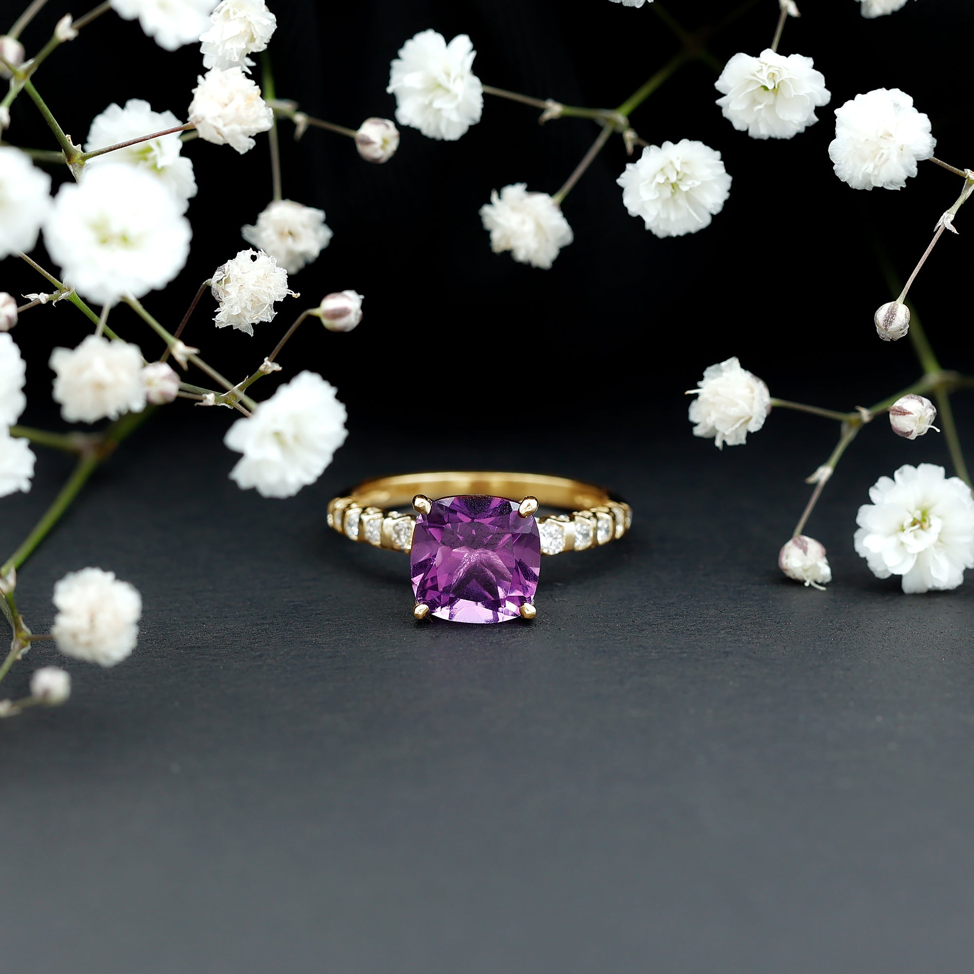 2 Carat Amethyst Cushion Cut Engagement Ring with Diamond