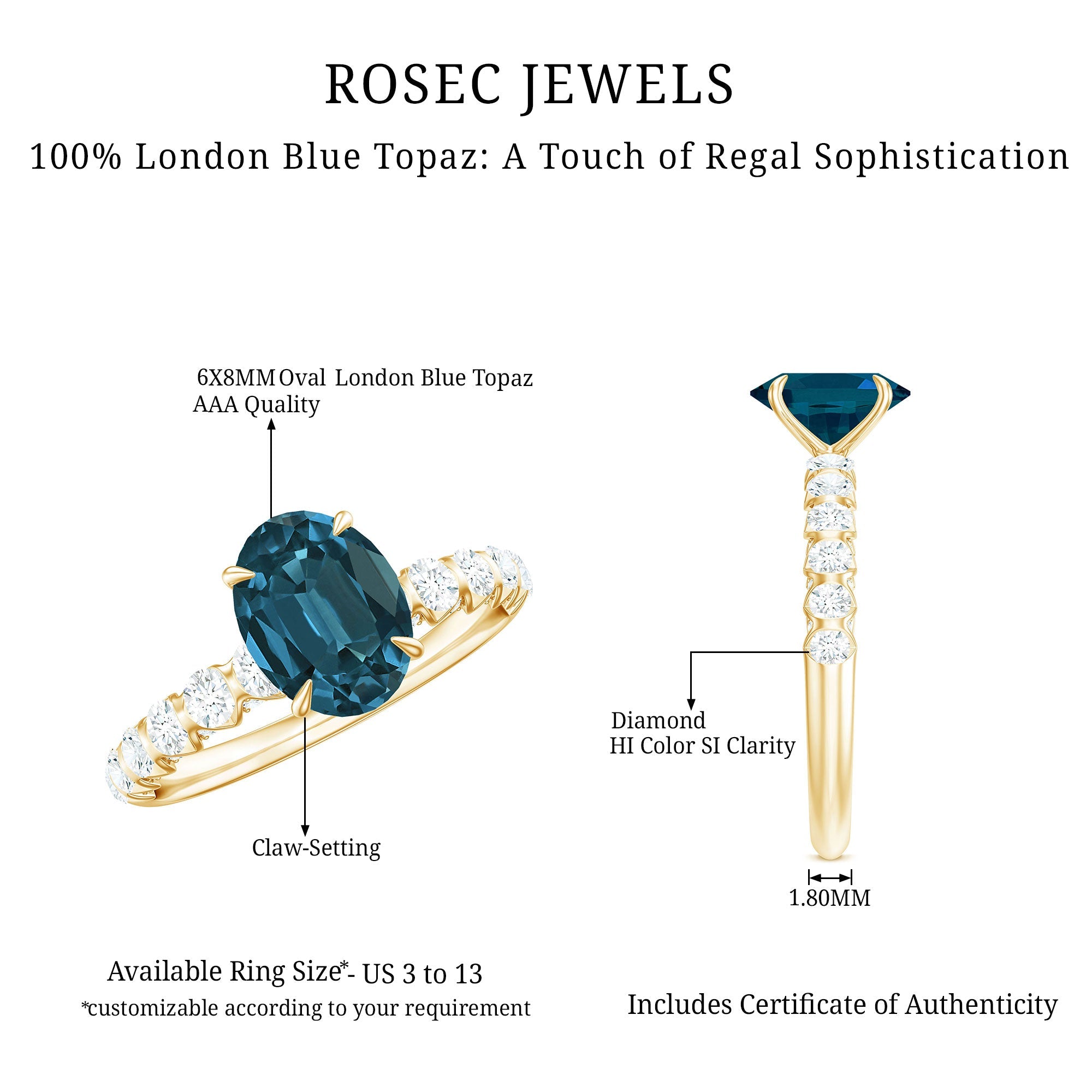 6X8mm Oval Cut London Blue Topaz Solitaire Engagement Ring with Diamond Side Stones