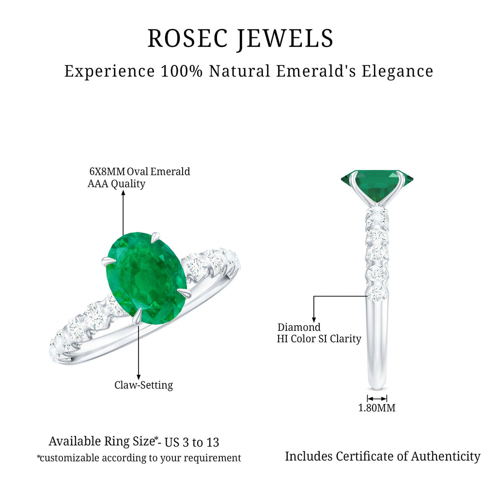 Natural 6X8mm Emerald Oval Engagement Ring with Diamond Side Stones