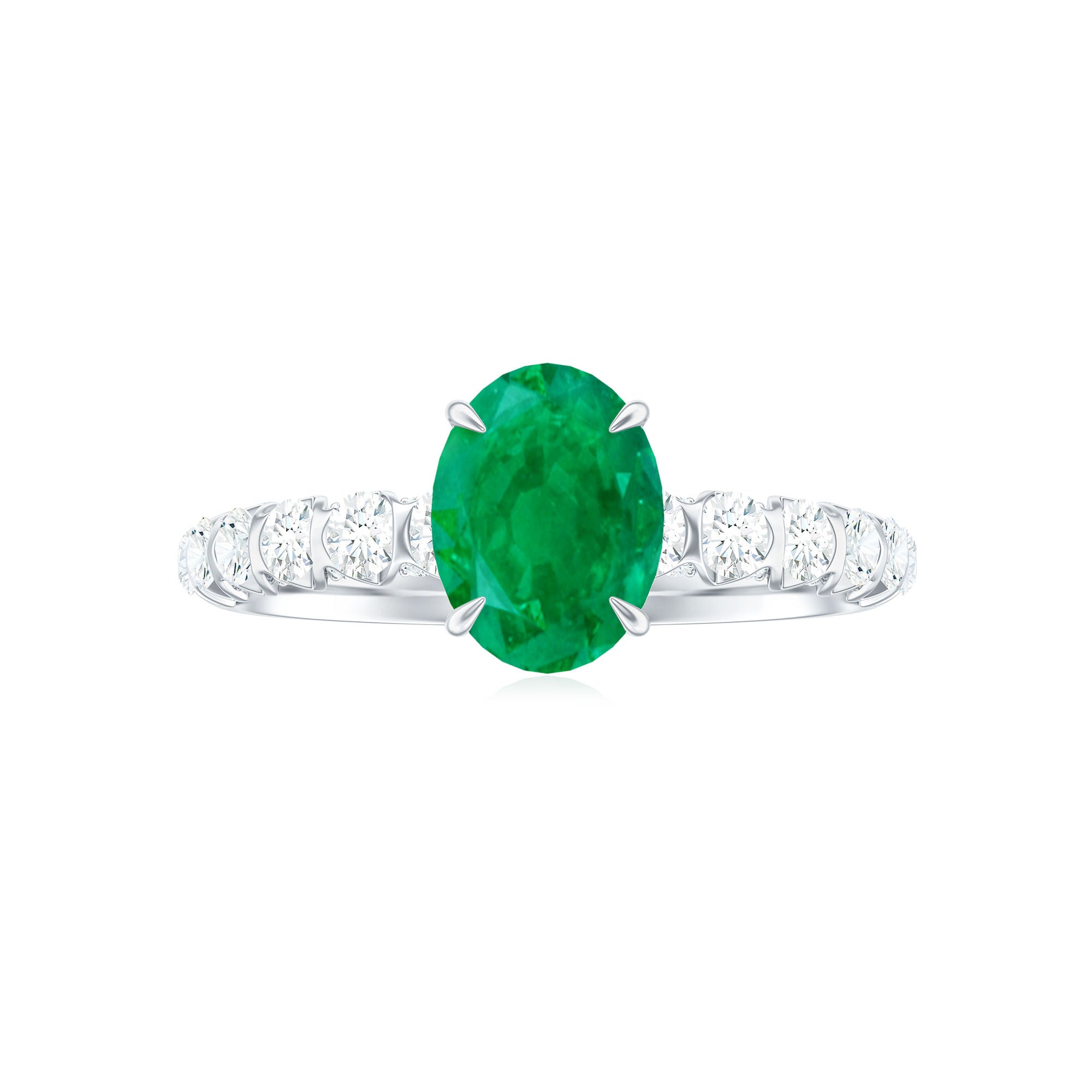 Natural 6X8mm Emerald Oval Engagement Ring with Diamond Side Stones