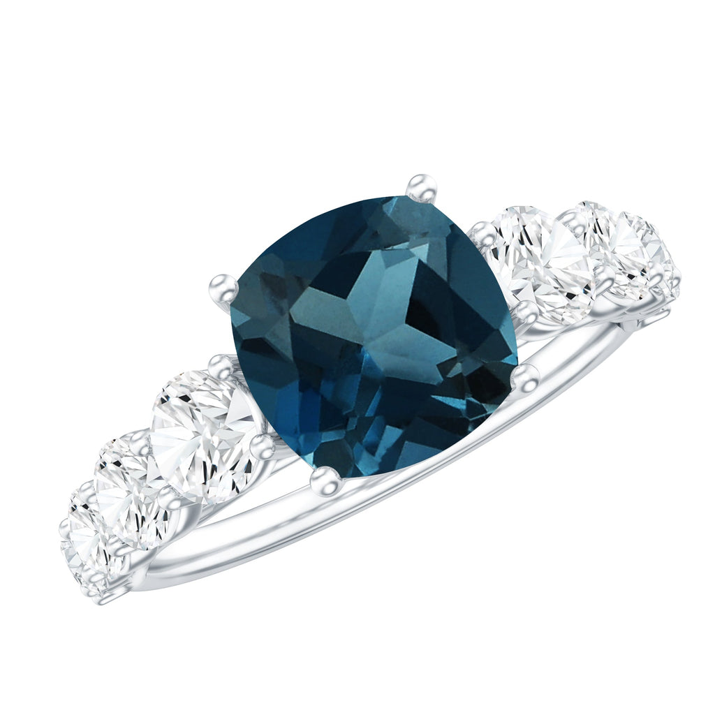 8mm Cushion Cut London Blue Topaz Solitaire Engagement Ring with Moissanite Side Stones