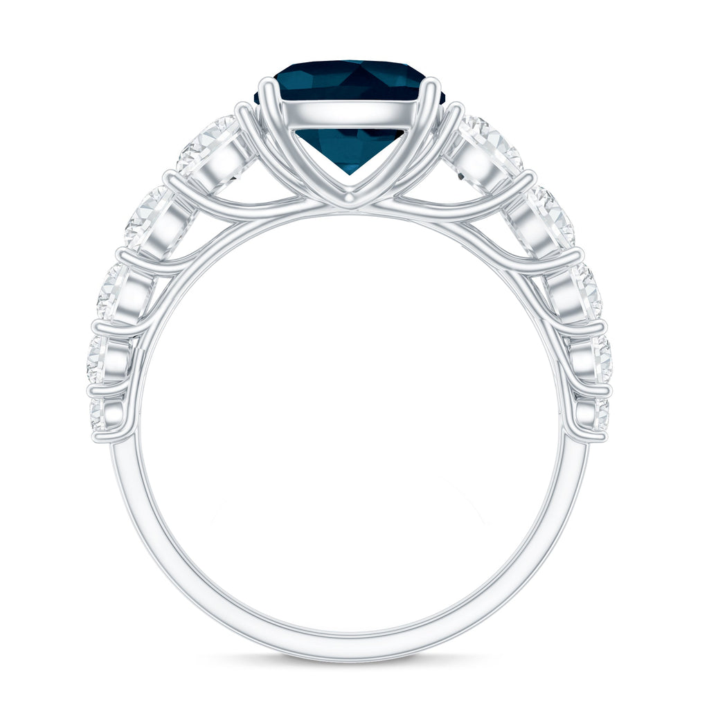 8mm Cushion Cut London Blue Topaz Solitaire Engagement Ring with Moissanite Side Stones