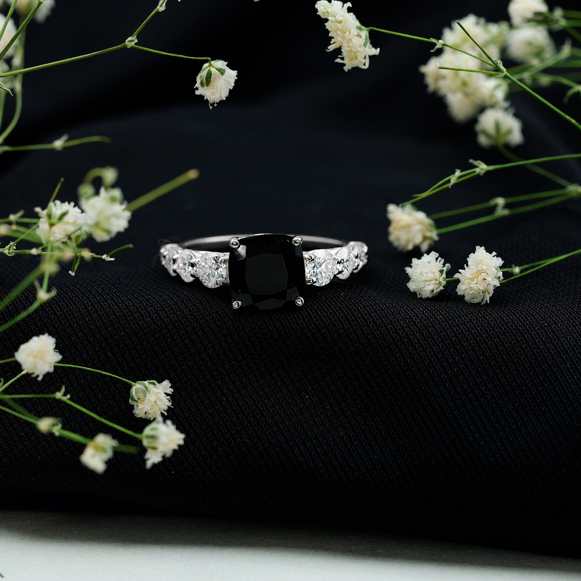Certified 2.8 Carat Lab Grown Black Diamond Cushion Cut Engagement Ring with Moissanite
