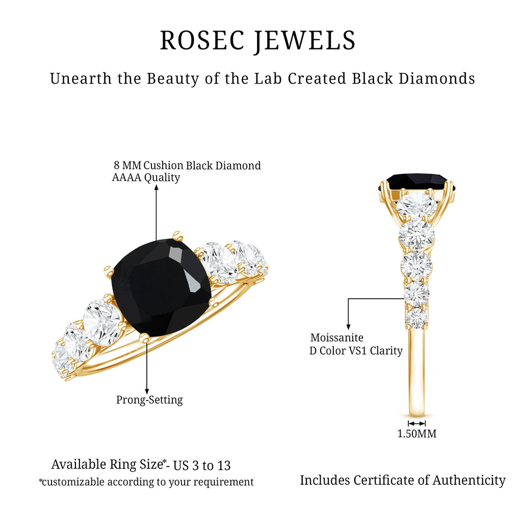 Certified 2.8 Carat Lab Grown Black Diamond Cushion Cut Engagement Ring with Moissanite