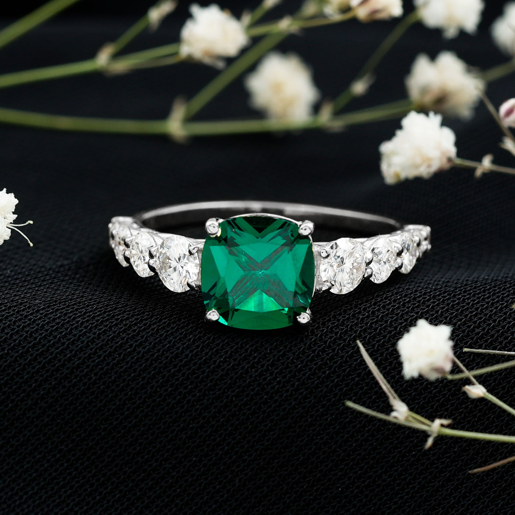 Lab Grown Emerald 2 Carat Cushion Engagement Ring with Moissanite Side Stones