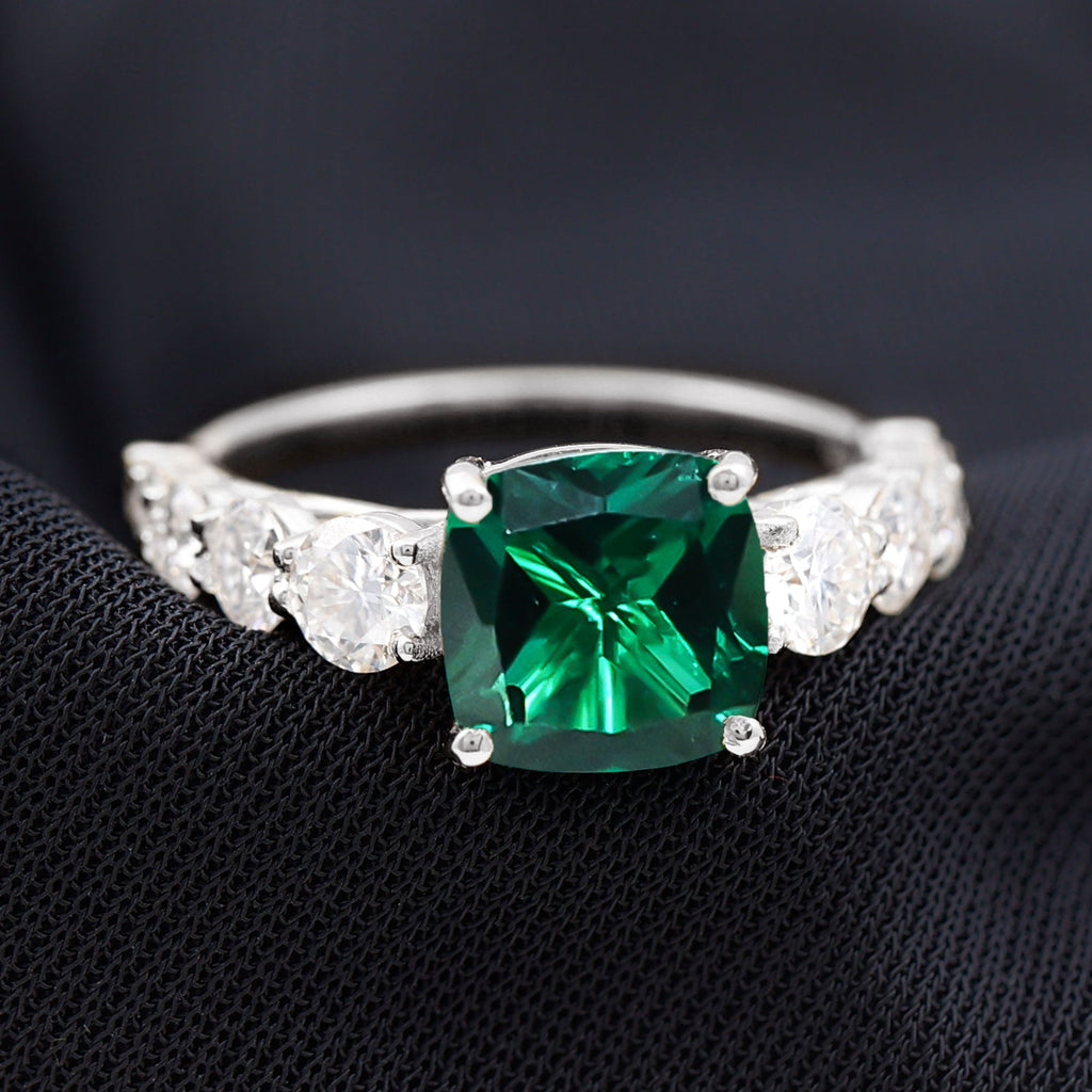 Lab Grown Emerald 2 Carat Cushion Engagement Ring with Moissanite Side Stones