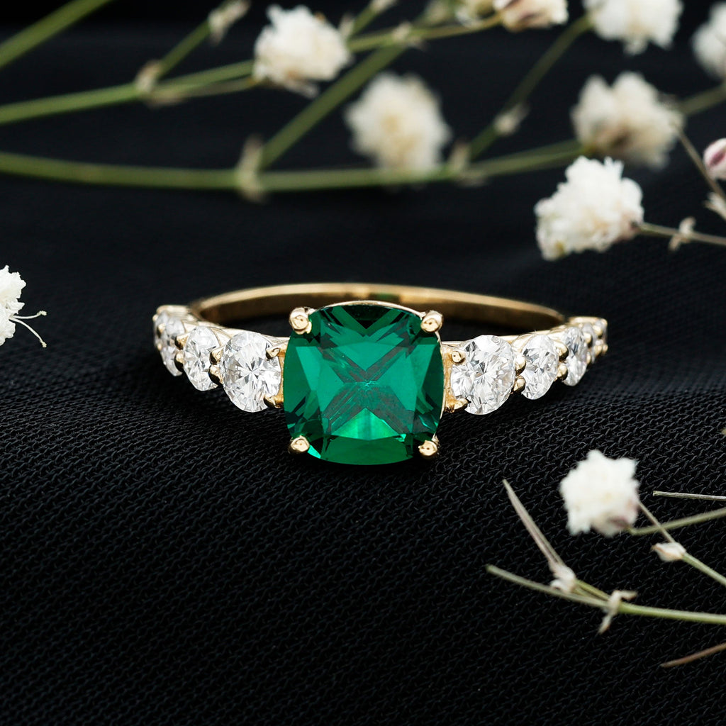 Lab Grown Emerald 2 Carat Cushion Engagement Ring with Moissanite Side Stones