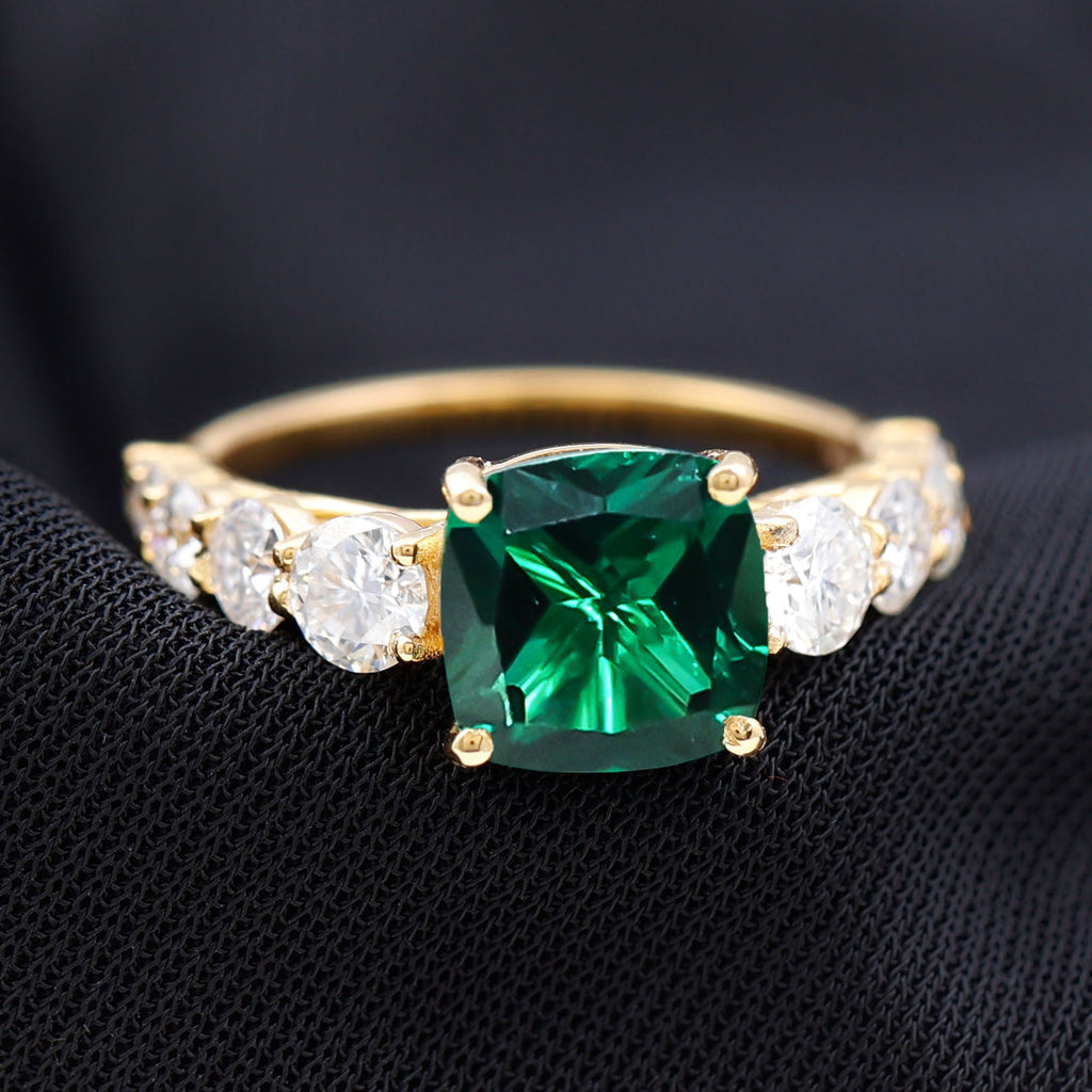 Lab Grown Emerald 2 Carat Cushion Engagement Ring with Moissanite Side Stones