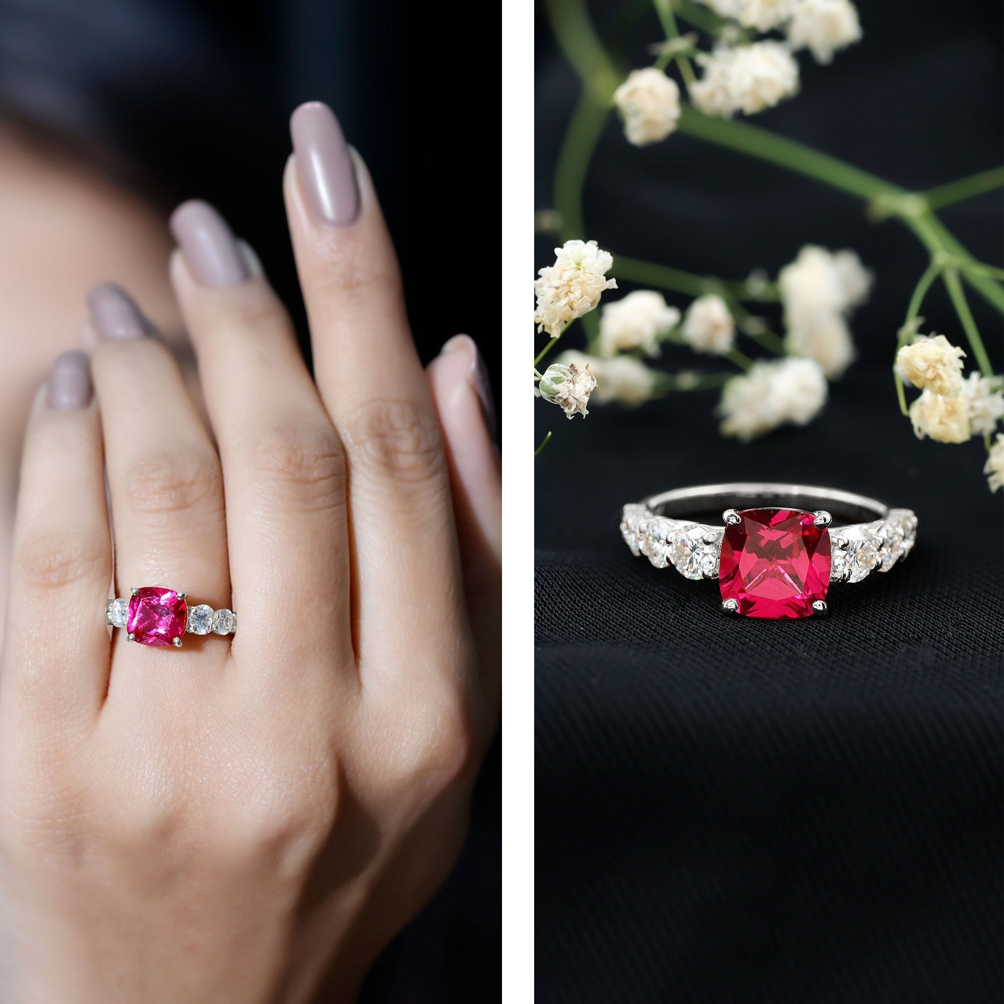 2 Carat Cushion Cut Lab Created Ruby Engagement Ring with Side Stones
