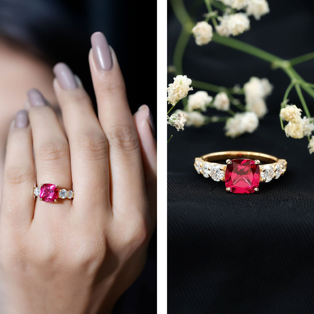 2 Carat Cushion Cut Lab Created Ruby Engagement Ring with Side Stones