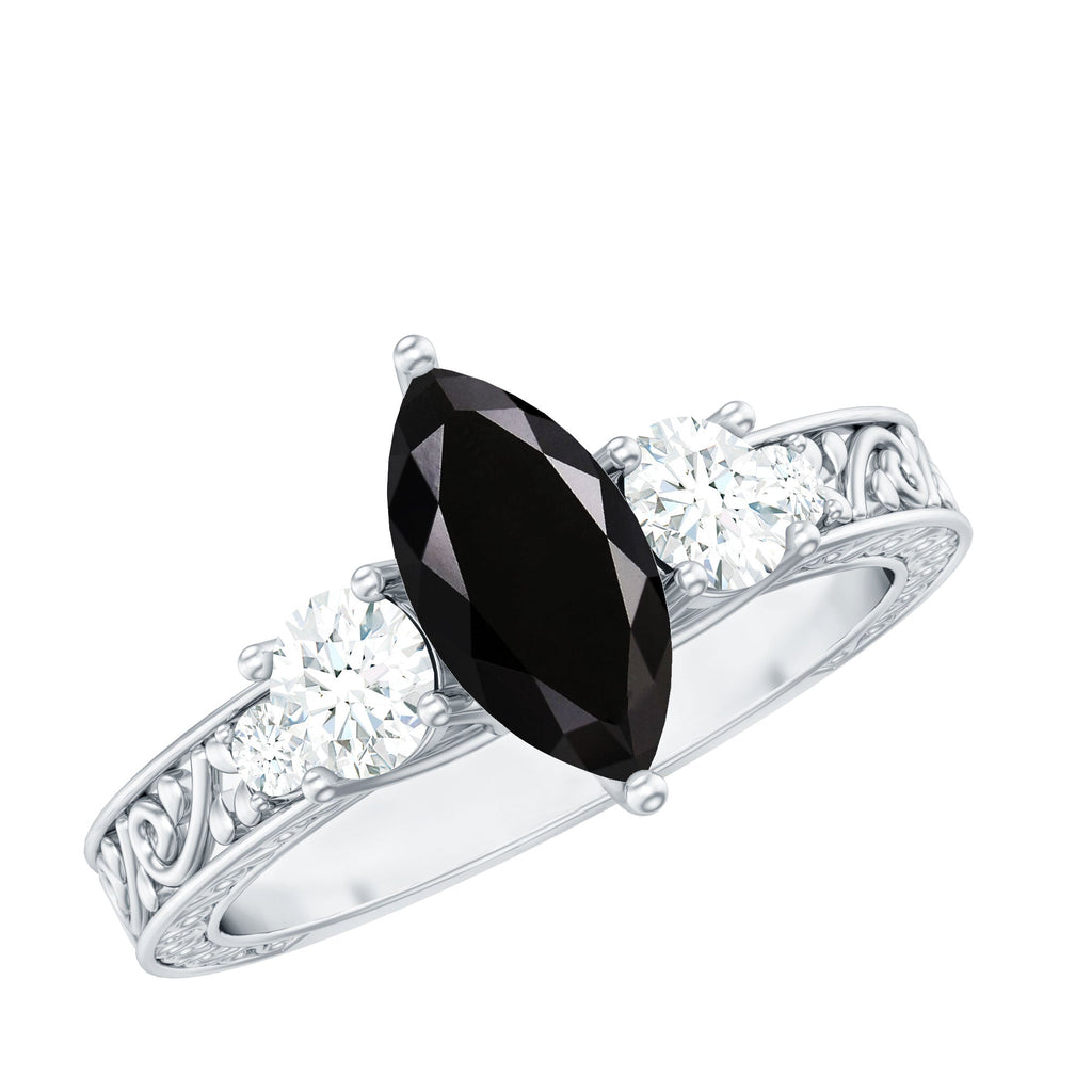 Vintage Style 1 Carat Lab Grown Black Diamond Marquise Engagement Ring with Moissanite