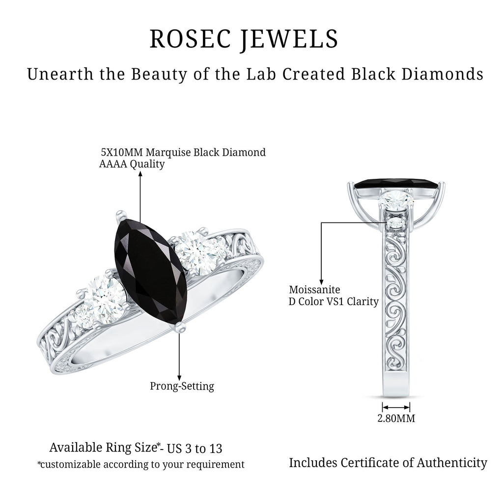 Vintage Style 1 Carat Lab Grown Black Diamond Marquise Engagement Ring with Moissanite