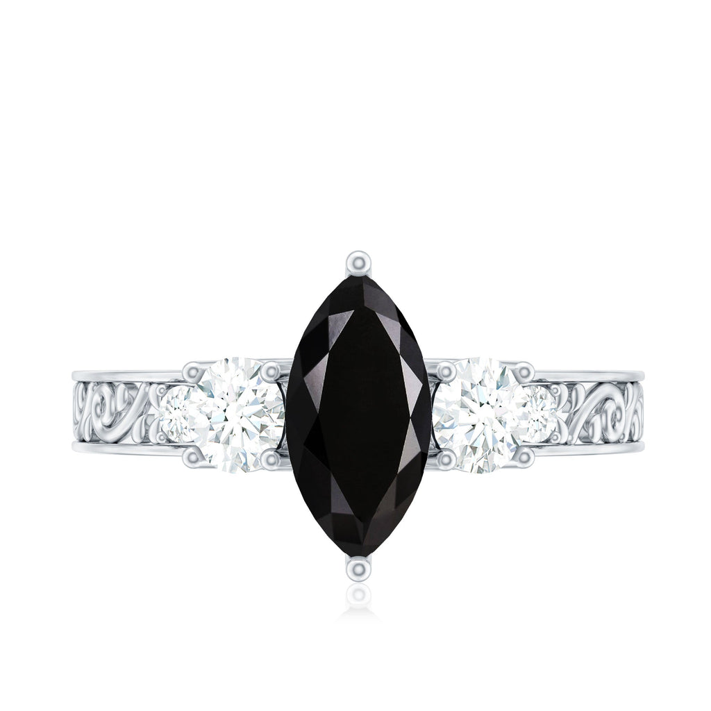 Vintage Style 1 Carat Lab Grown Black Diamond Marquise Engagement Ring with Moissanite
