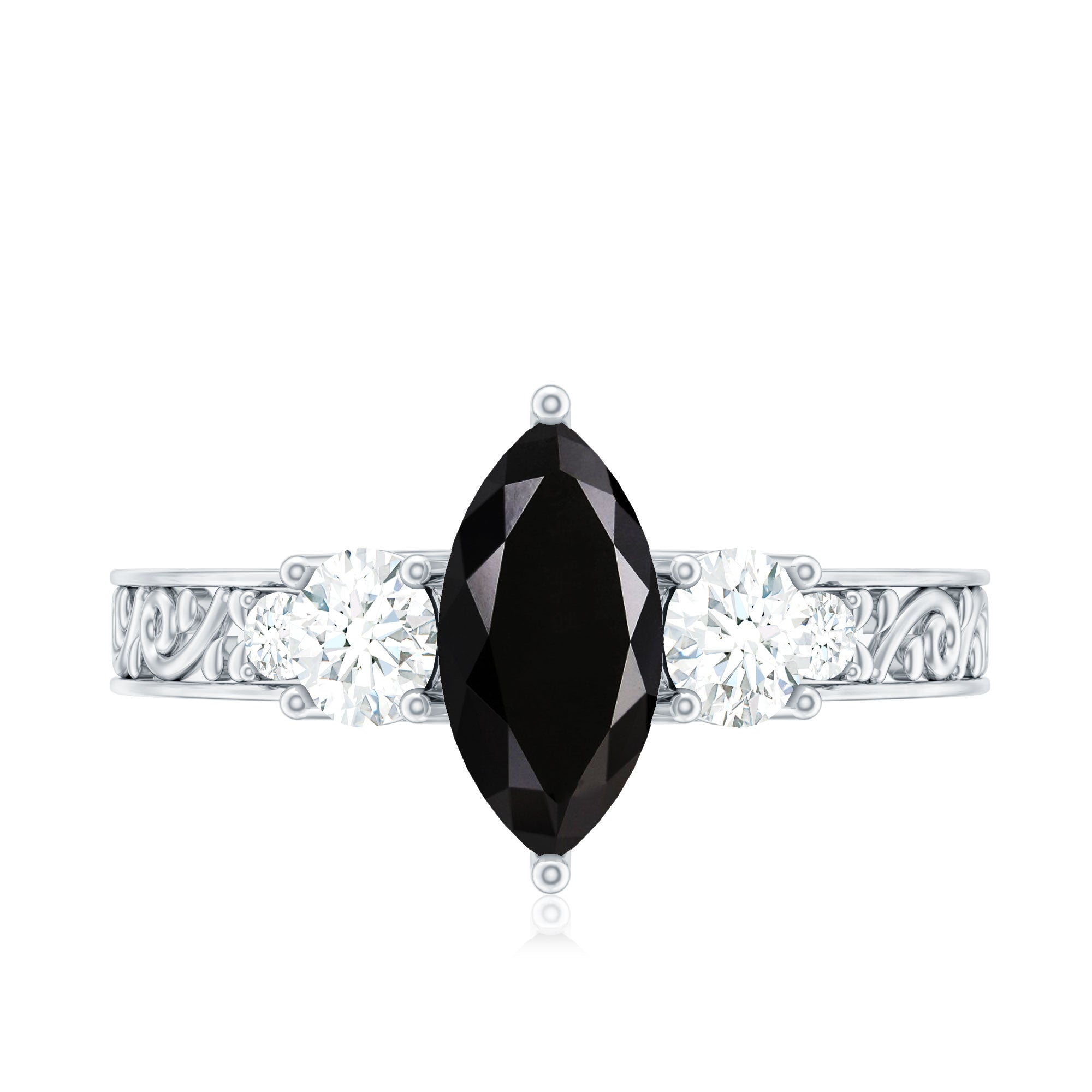 Vintage Style 1 Carat Lab Grown Black Diamond Marquise Engagement Ring with Moissanite