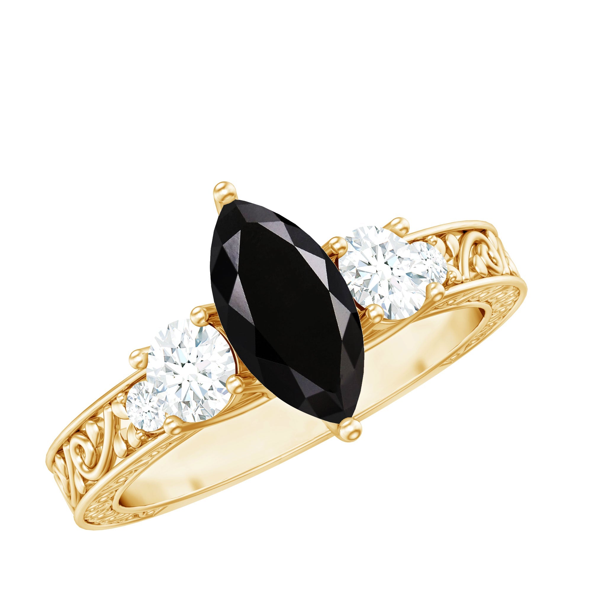 Vintage Style 1 Carat Lab Grown Black Diamond Marquise Engagement Ring with Moissanite