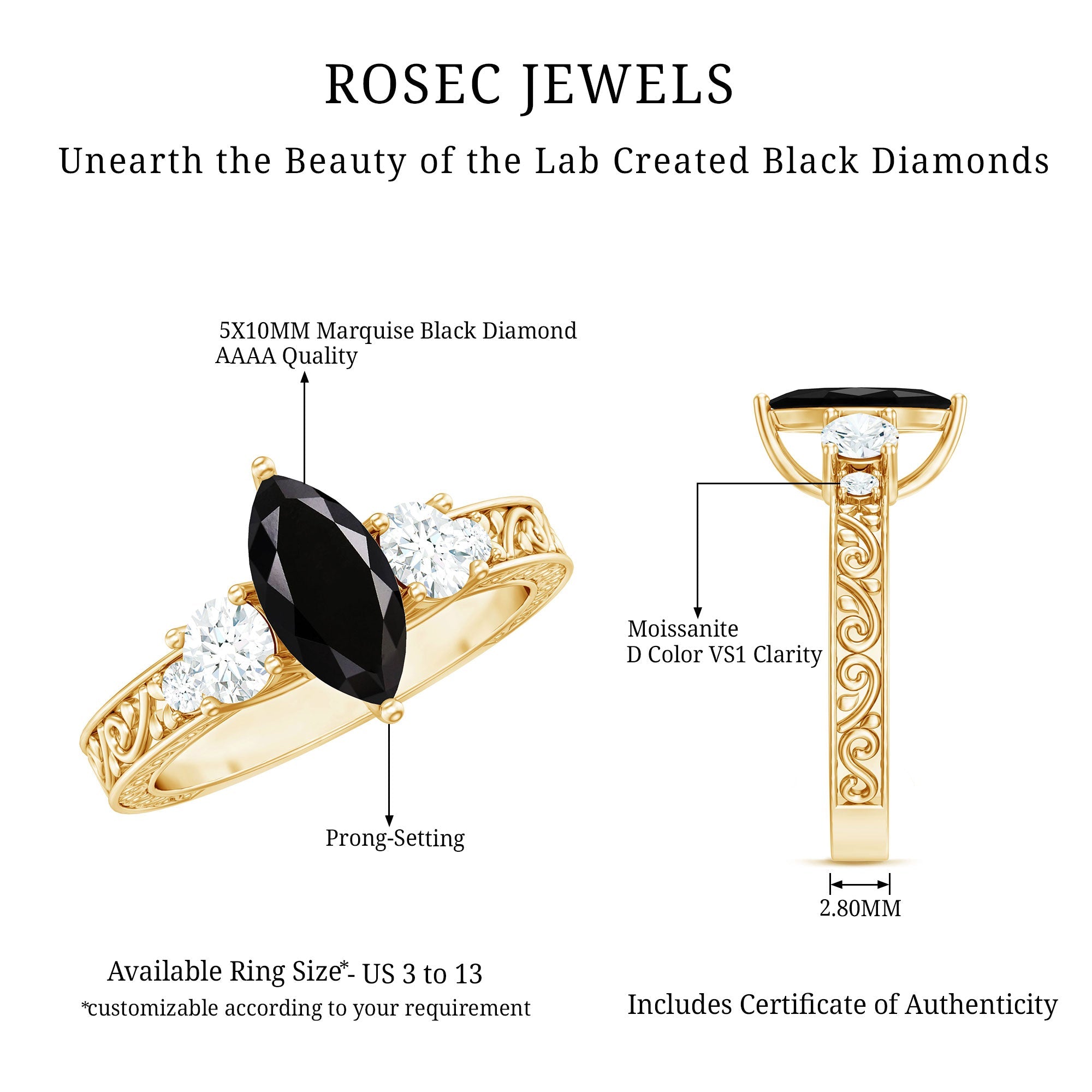 Vintage Style 1 Carat Lab Grown Black Diamond Marquise Engagement Ring with Moissanite
