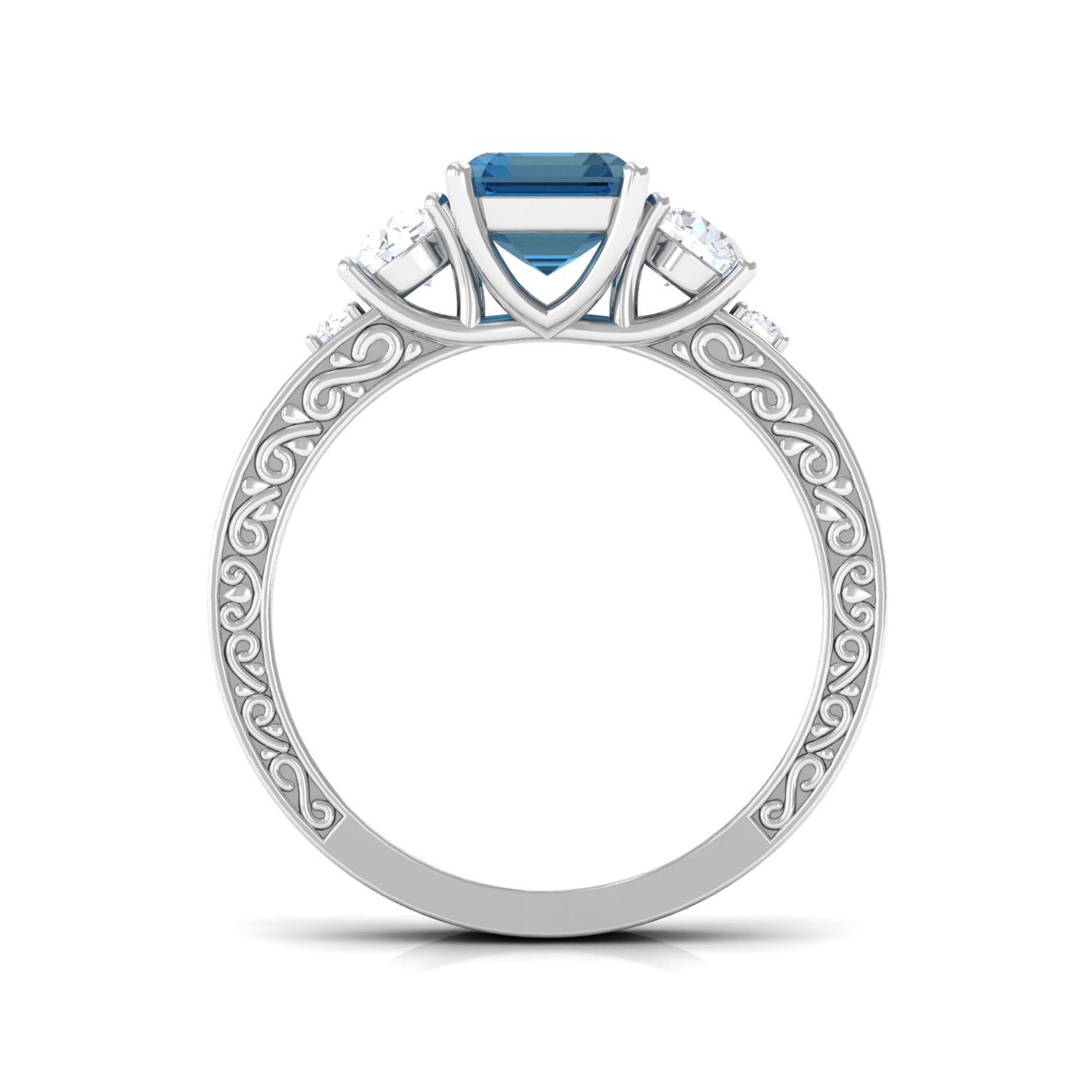 6X8mm Emerald Cut London Blue Topaz Statement Ring with Engraved Shank
