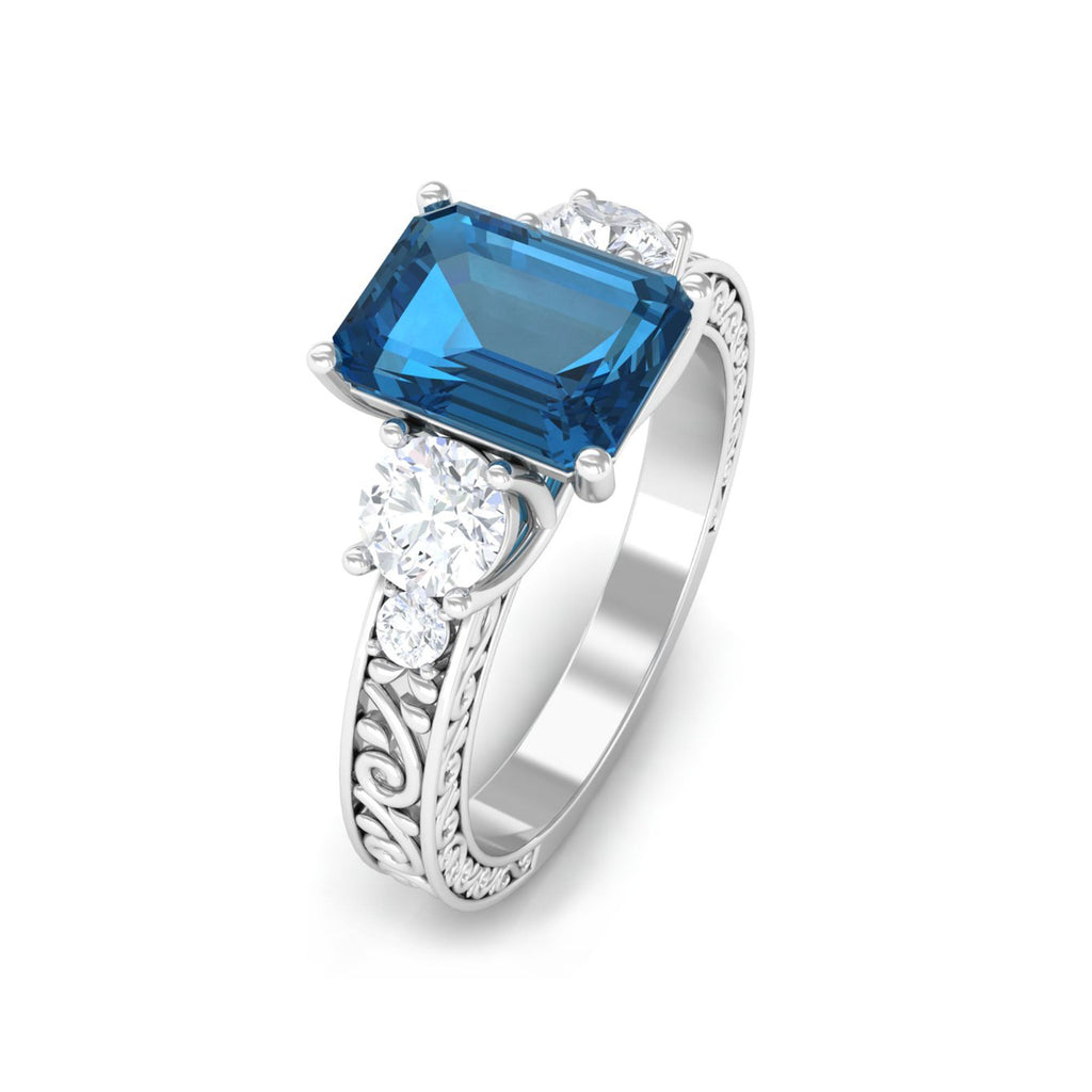 6X8mm Emerald Cut London Blue Topaz Statement Ring with Engraved Shank