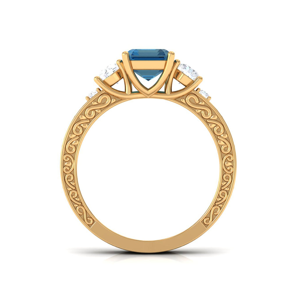 6X8mm Emerald Cut London Blue Topaz Statement Ring with Engraved Shank