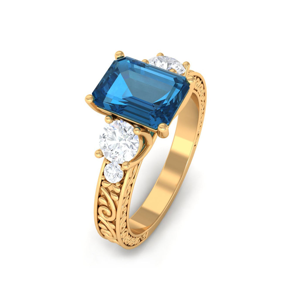 6X8mm Emerald Cut London Blue Topaz Statement Ring with Engraved Shank