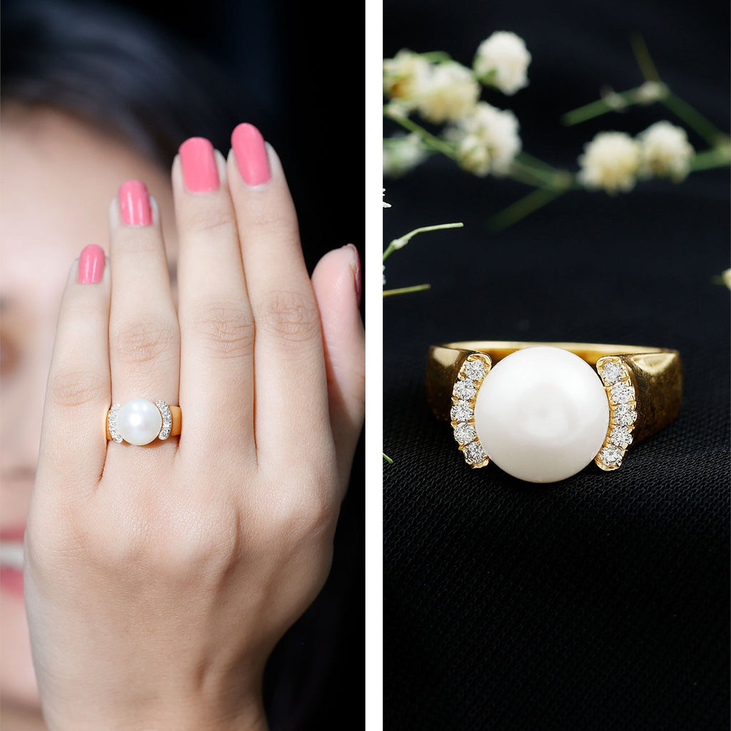 8 Carat Freshwater Pearl Statement Engagement Ring with Diamond