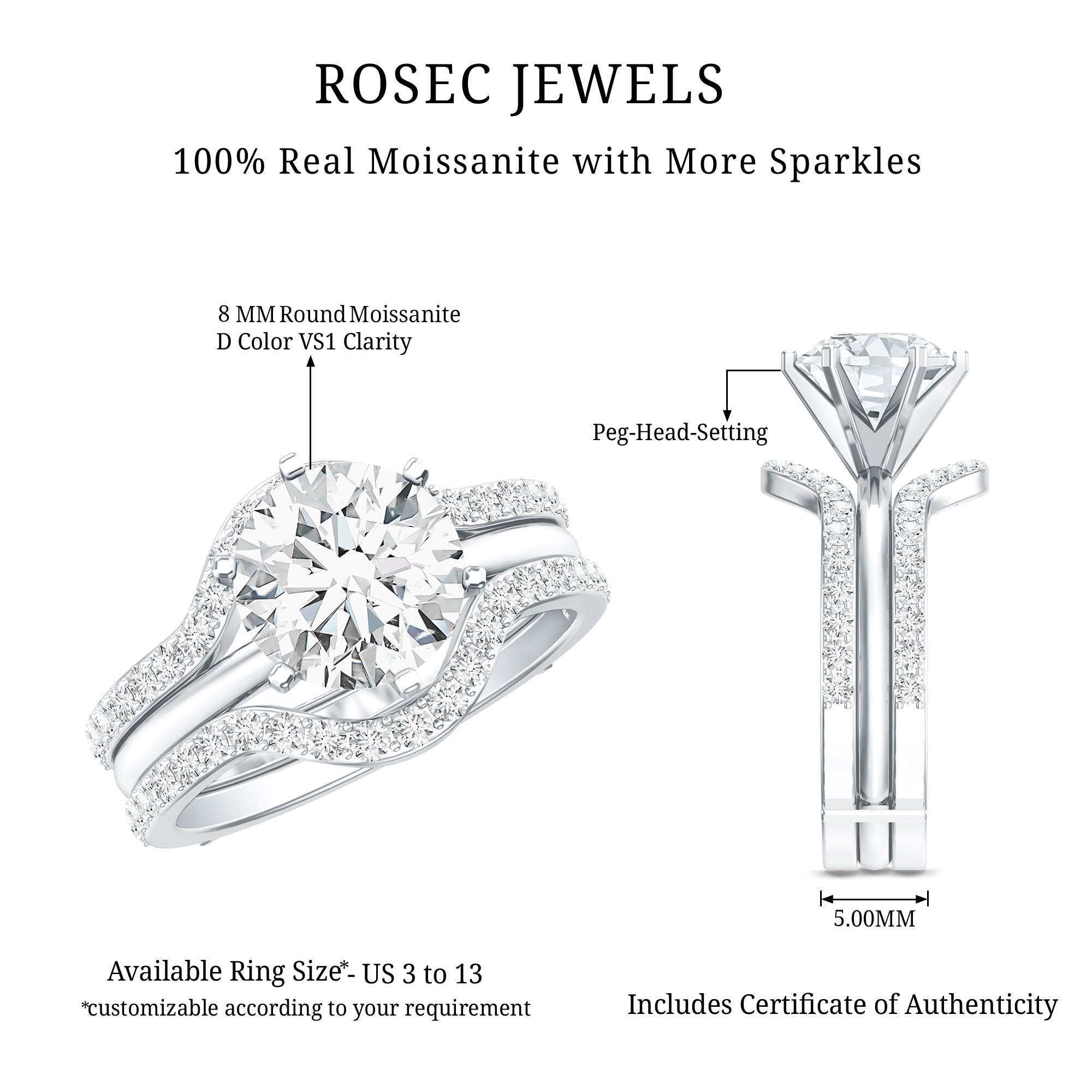 Certified 2 Carat Solitaire Moissanite Engagement Ring with 2 Enhancers