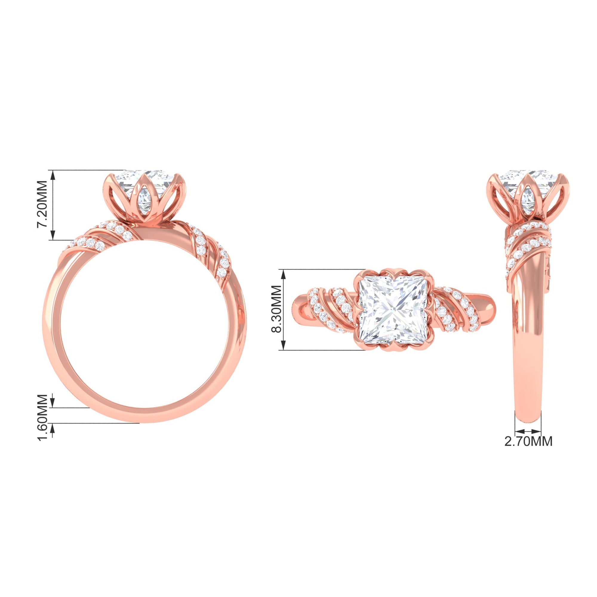 Certified Princess Cut Moissanite Designer Engagement Ring