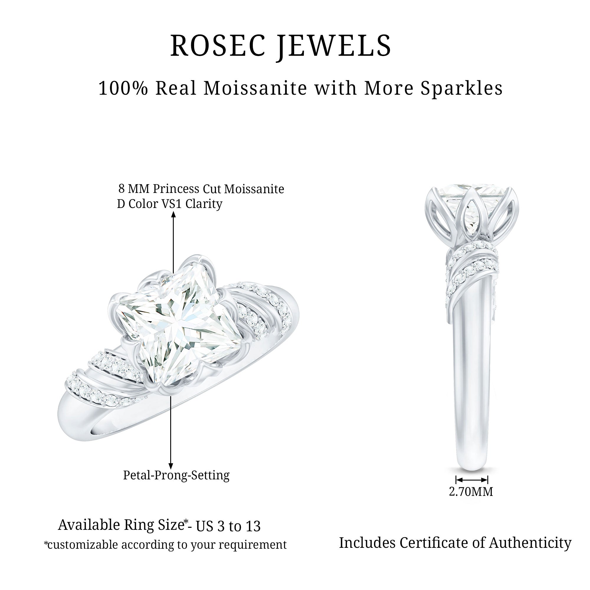 Certified Princess Cut Moissanite Designer Engagement Ring
