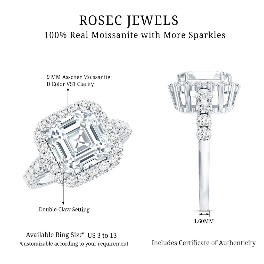 2.5 Carat Certified Asscher Cut Moissanite Halo Engagement Ring